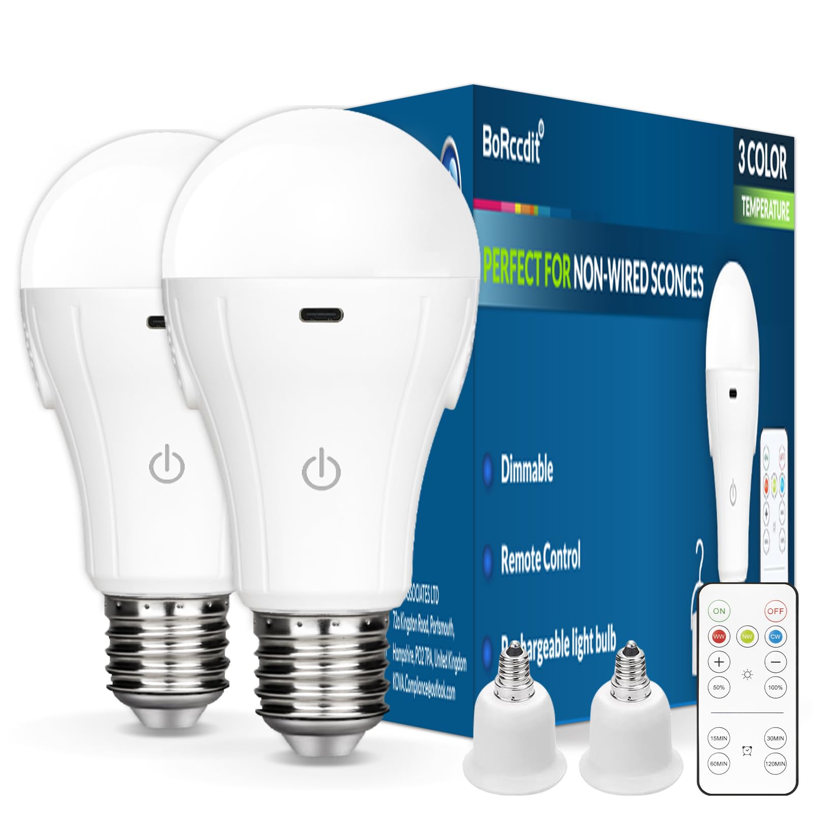 BoRccdit CordlessGlow 15W E12 Rechargeable Light Bulbs, Dimmable, 3 Color Temperatures, USB Rechargeable, 2 Pack, ABS Material