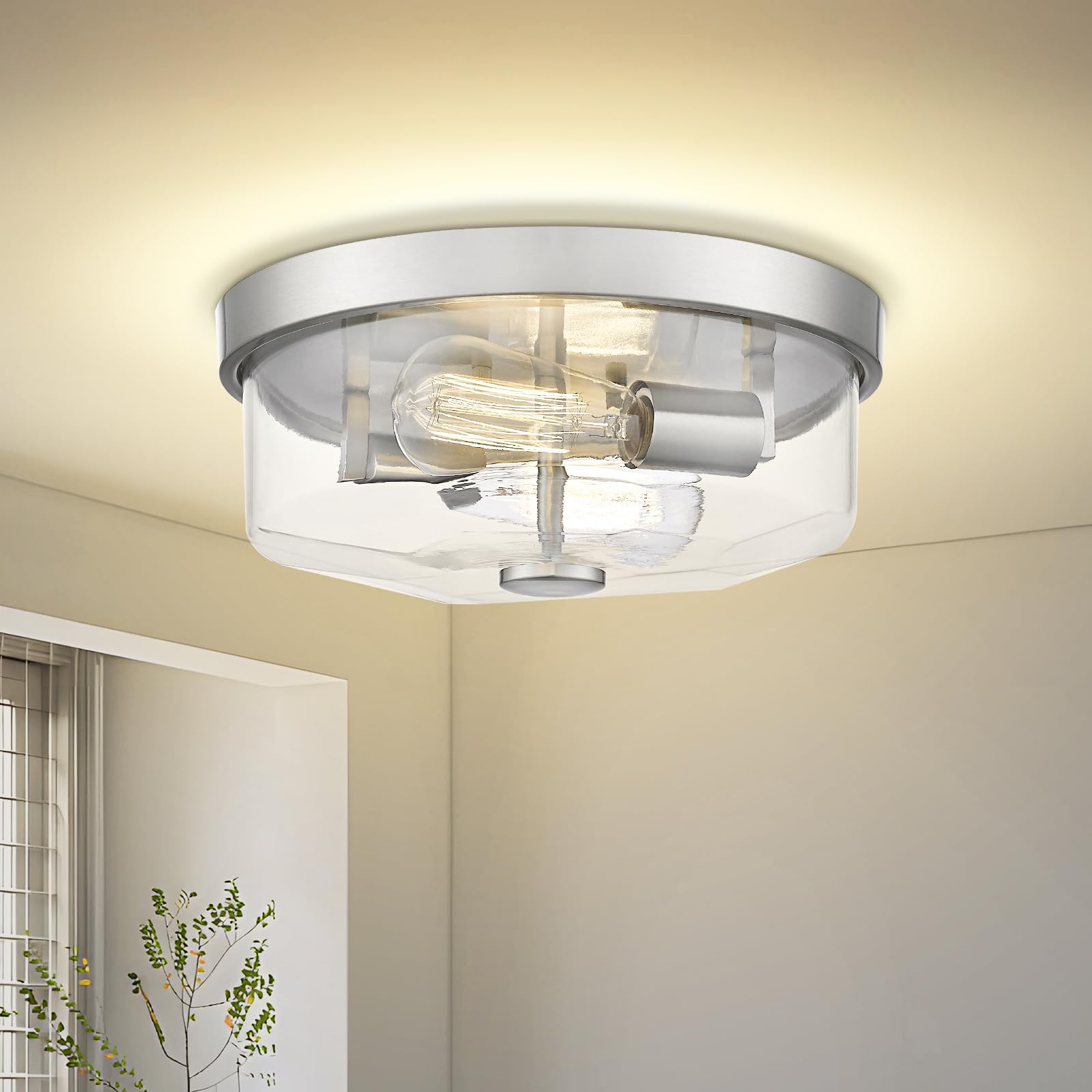 Luminzone Brushed Nickel Flush Mount Ceiling Light, 2-Light Hallway Light Fixtures, Modern Farmhouse Farmhouse Ceiling Light Cle