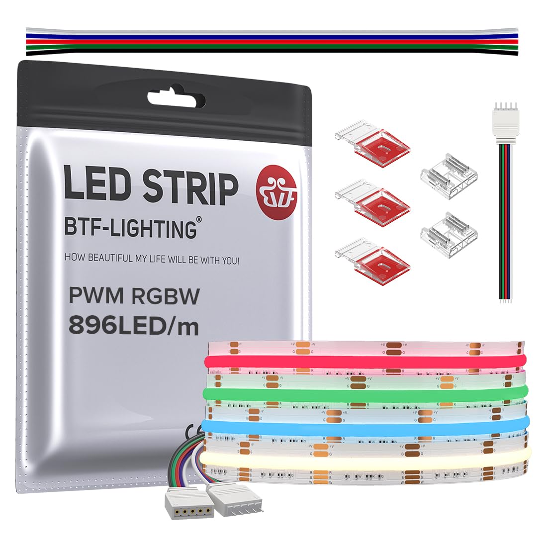 BTF-LIGHTING FCOB IP66 RGBW 4000K COB LED Strip 16.4FT DC24V Color Changing Flexible High Density Multicolor Light 12mm Width fo