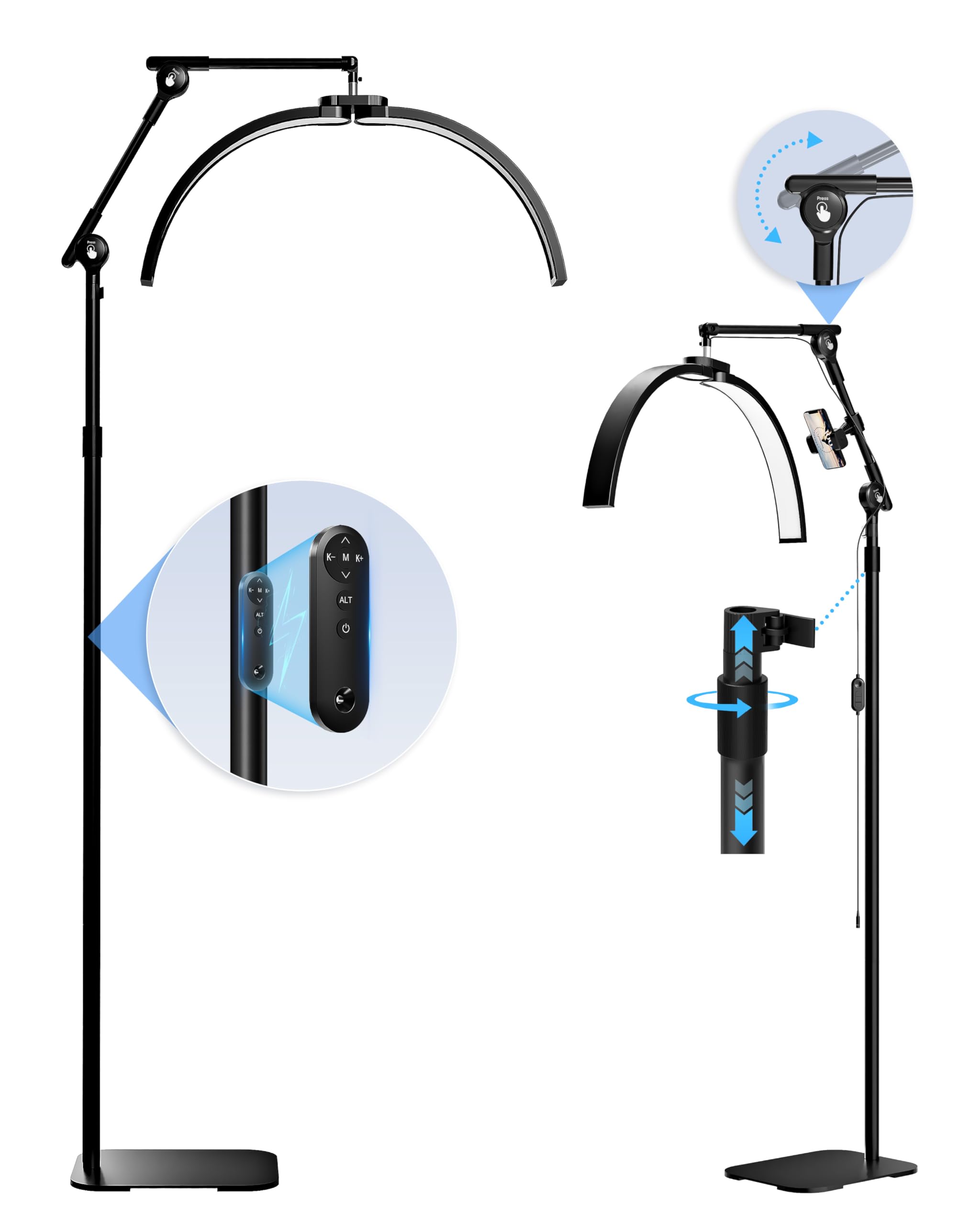 Karite Half Moon Light For Lash Tech, Led Floor Lamp For Eyelash Extensions With Phone Holder, Adjustable Angle(3 Joints) & Heig