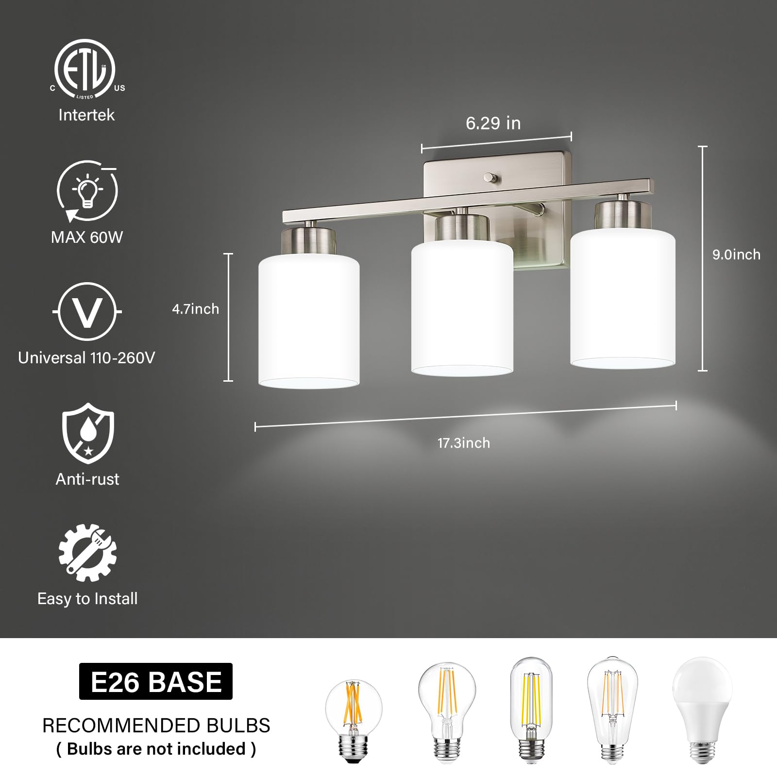 Fonmyim Brushed Nickel Bathroom Light Fixtures, 3-Light Modern Vanity Light Over Mirror, Wall Sconces With Milky White Frosted G