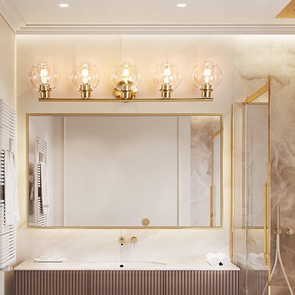 Lanmate Bathroom Light Fixtures Over Mirror 5-Lights Bathroom Vanity Light With Clear Glass Shade 37.5 Inch Modern Wall Sconce G