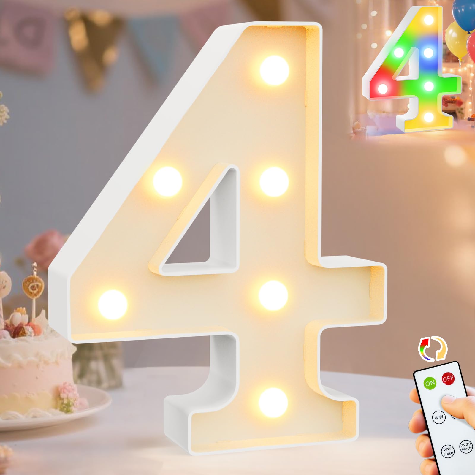 Pooqla Led Light Up Numbers 4  Warm White And Colorful Lighted Marquee Numbers With Remote  Lighted Numbers For 4Th 40Th Birthday Decorations  Gift For Girls Boys Her Him Anniversary Home Party Decor