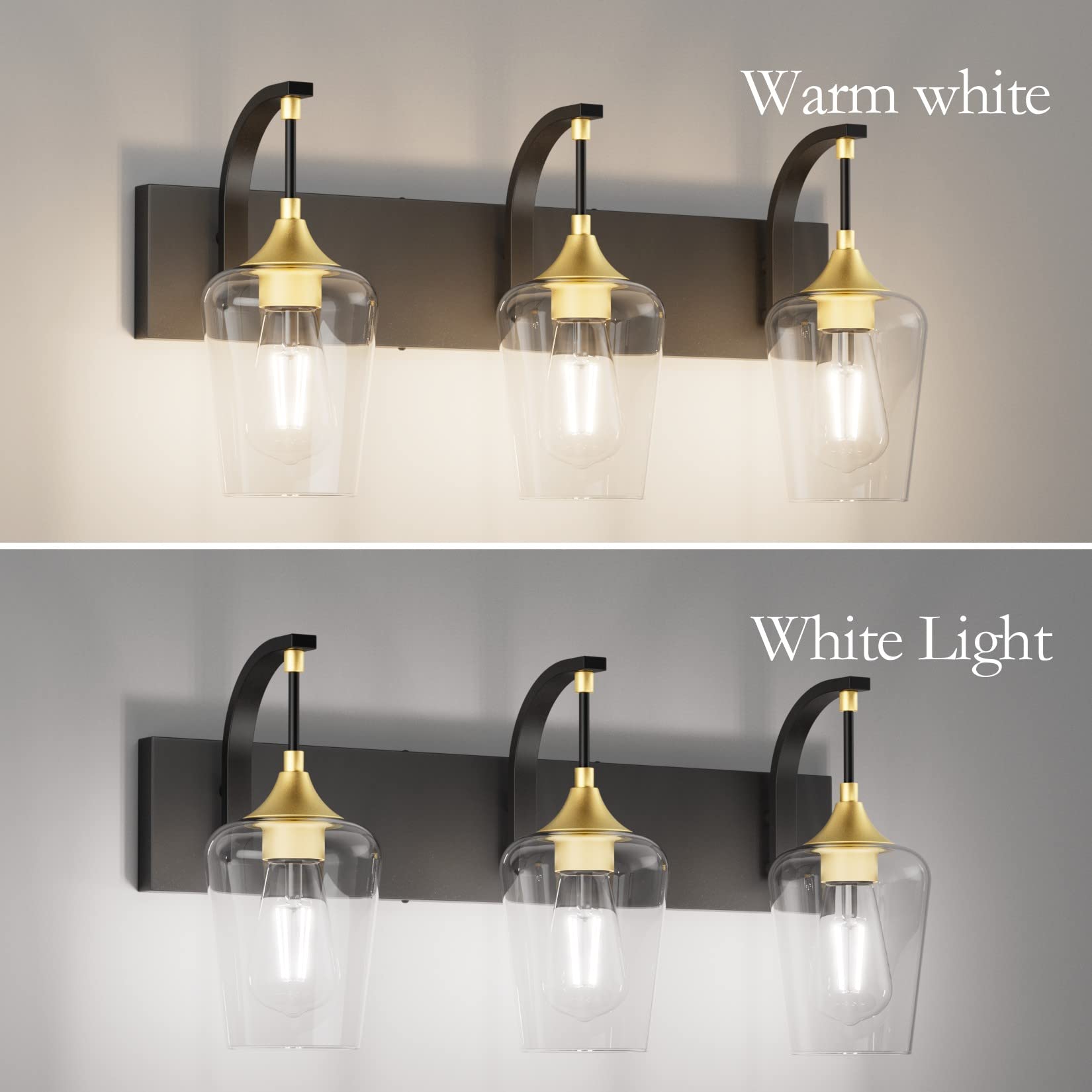 Ralbay Black/Gold Vanity Light Fixtures 3-Lights Industrial Black/Gold Bathroom Vanity Light With Clear Glass Vintage Edison Bathroom Wall Lighting Fixtures