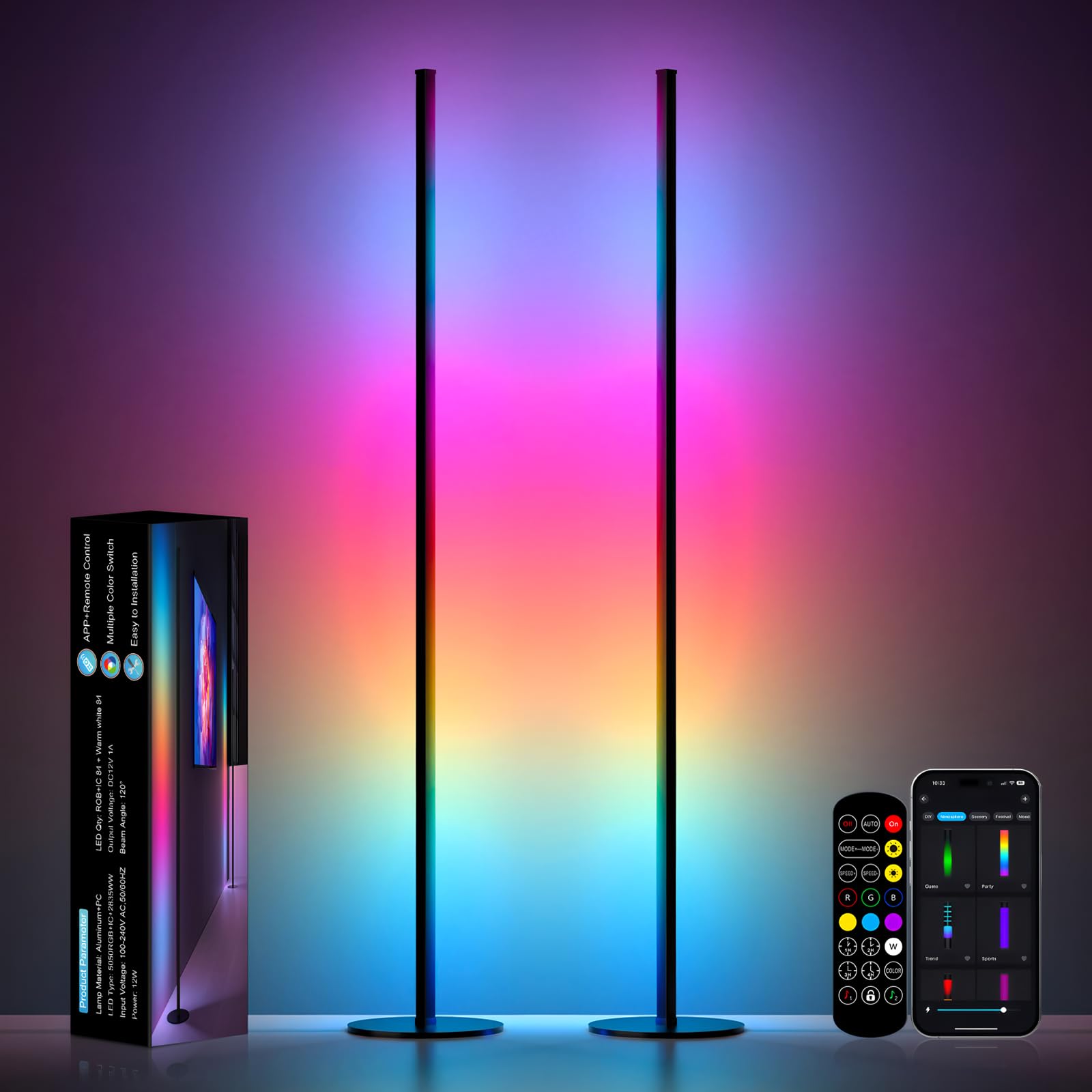 Corner Floor Lamp, RGB IC LED Corner Lamp, 16 Million DIY Color & Warm White, Music Sync and Timing Function, Color Changing Amb
