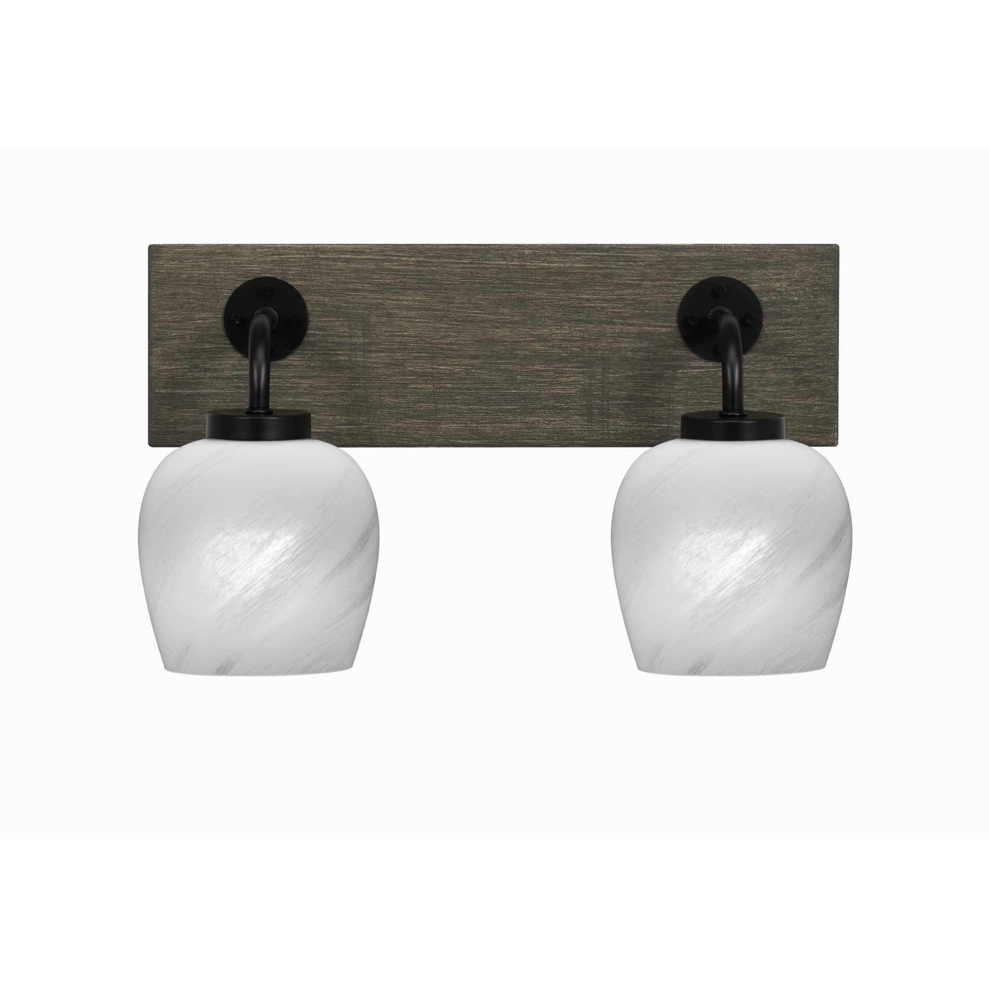 Oxbridge 2 Light Bath Bar In Matte Black & Painted Distressed Wood-Look Metal Finish With 6" White Marble Glass