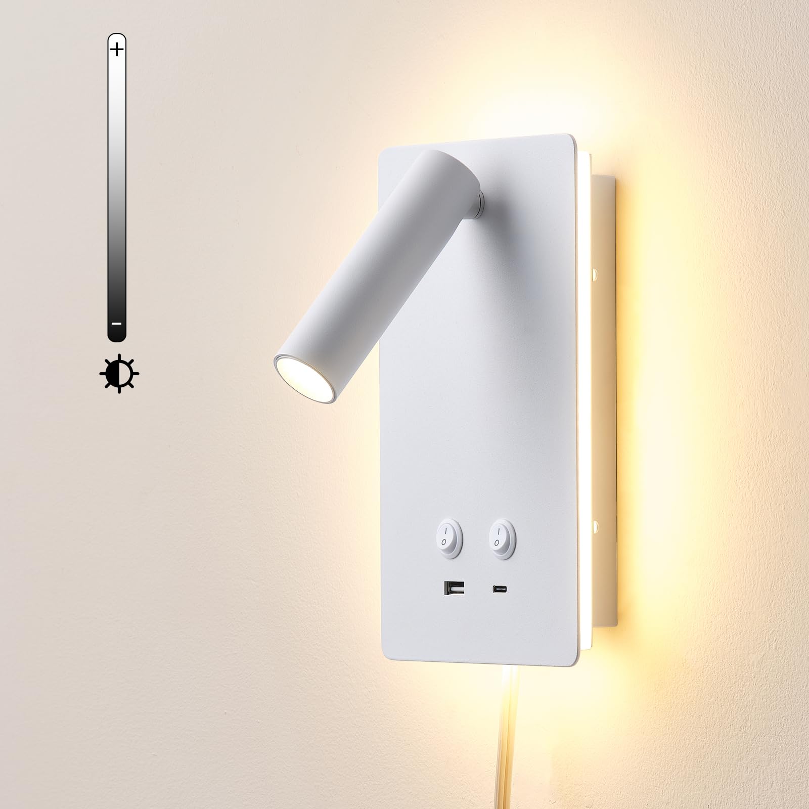 MOLUOLA LIGHTING LED Wall Lamp, Dimmable 3 Brightness, Aluminum, 1 Pack, White, Model S07G, with USB C+A Ports