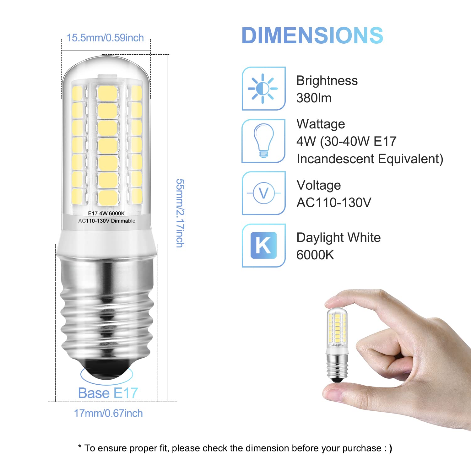 KLG E17 LED Bulbs Dimmable 6000K Daylight Appliance Lights, 40W Equivalent, Pack of 2