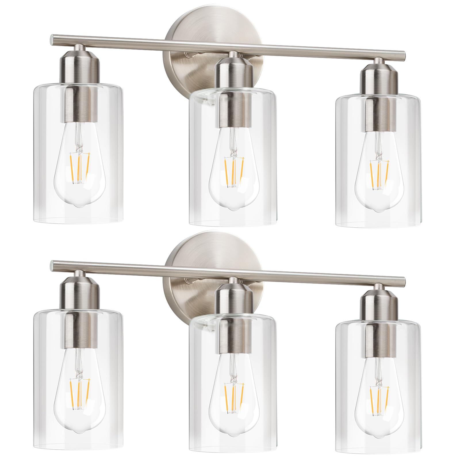 Seable 3-Light Brushed Nickel Bathroom Vanity Lights, Modern Glass Shade Wall Sconce - 2 Pack