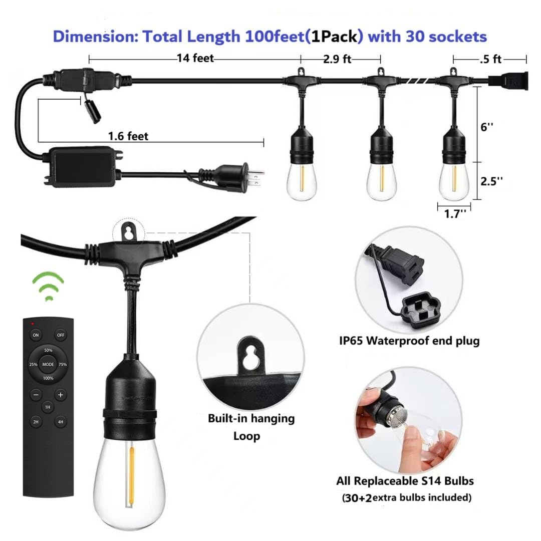 100FT Outdoor String Lights with Remote Control Patio Lights Waterproof Commercial Grade, 30+2 Replaceable Dimmable Edison Bulbs
