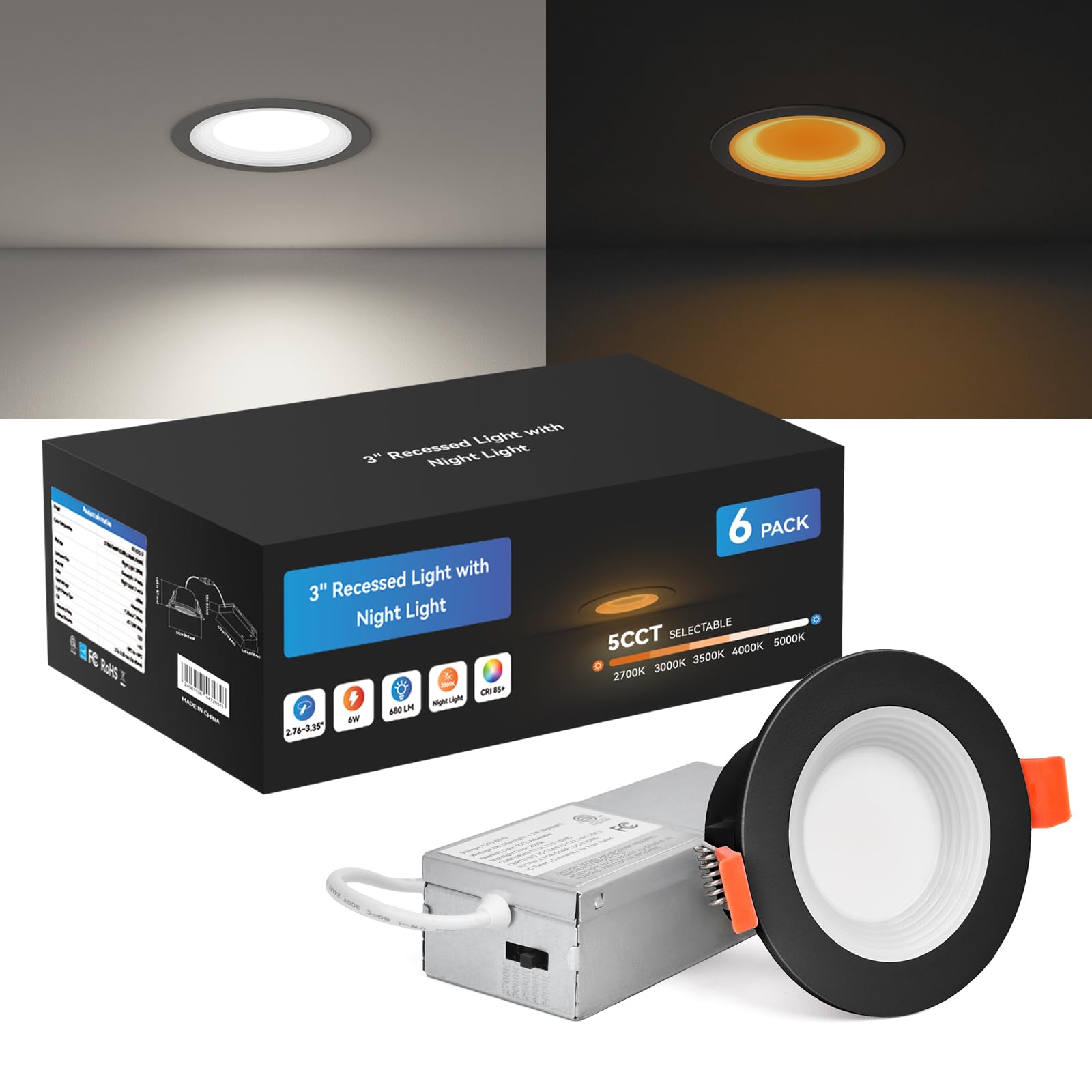 Cycevsun Black 3 Inch Recessed Led Lights  Switchable Night Light & Main Light  5 Color Temperatures 2700K-5000K  Dimmable Canless Downlight For Cozy Home Lighting  6W/2W  Etl  6 Pack