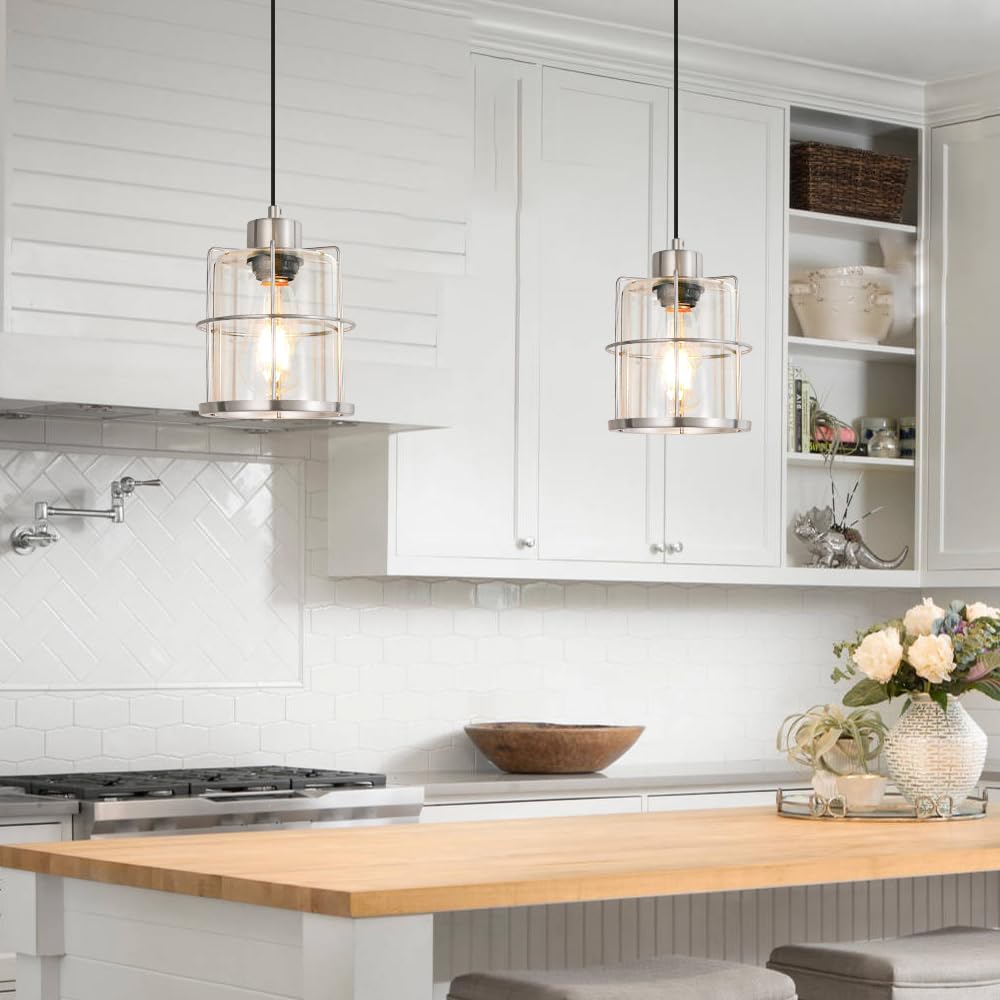 Brushed Nickel Pendant Lights Kitchen Island, Clear Glass Shade Hanging Lamp, Modern Farmhouse Pendant Light Fixtures With Adjus