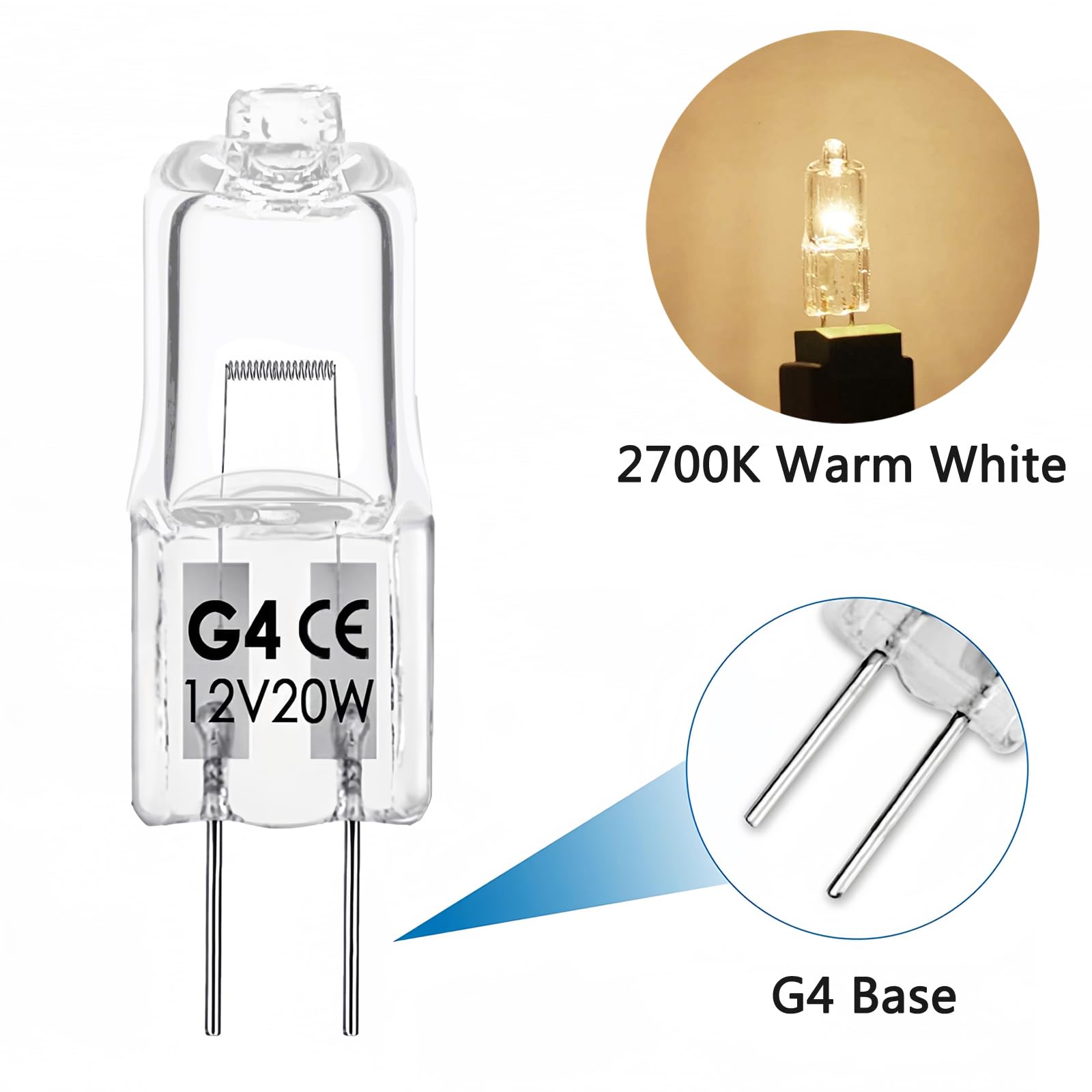 Snnalosses G4 Bulb,12V 20W Halogen Light Bulbs 2 Pin,G4 Light Bulbs For Under Cabinet Puck Light,Microwave,Chandeliers, Accent Lights, Track Lighting,Dimmable,Warm White,12Packs