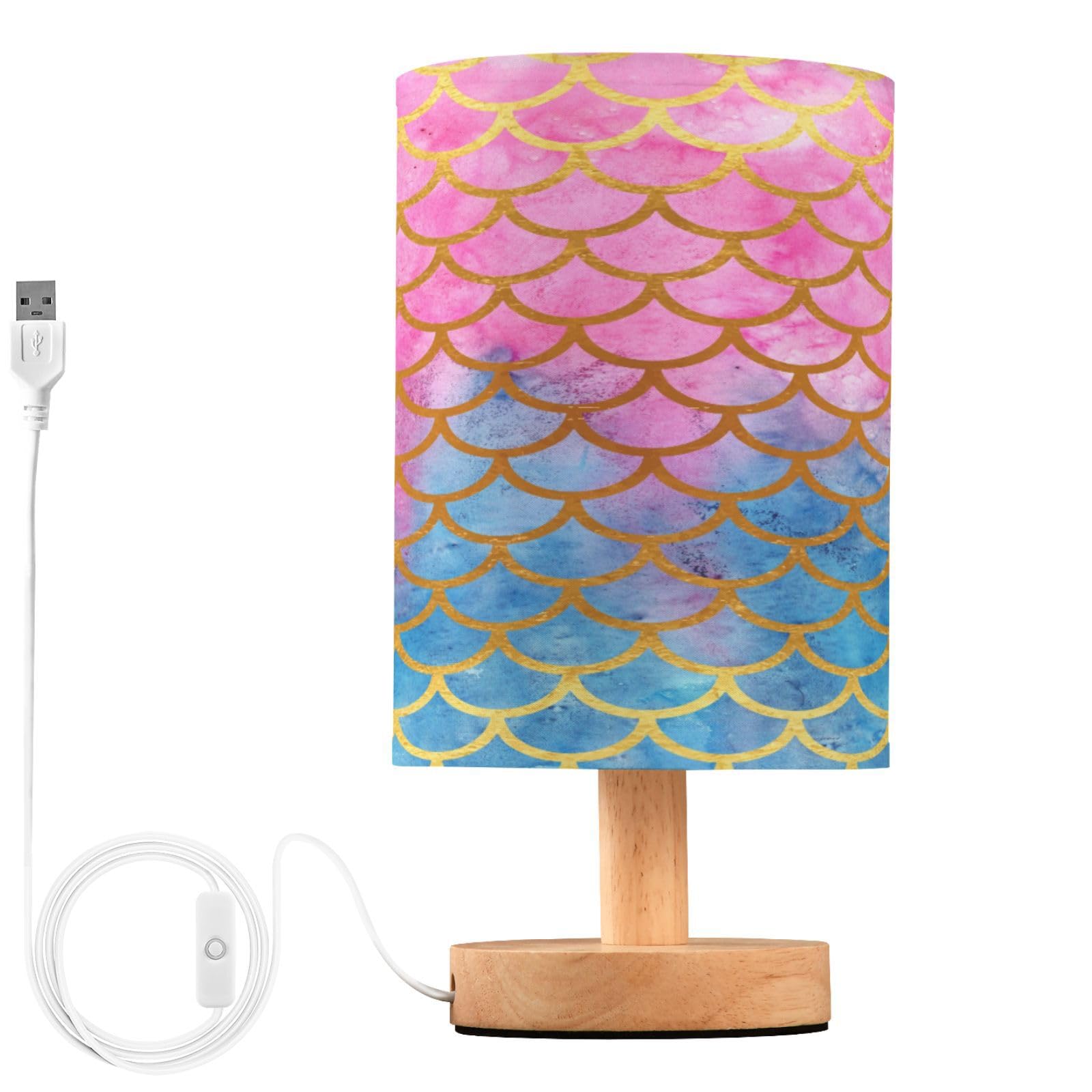 Alaza Mermaid Scales Pink Blue Gold Decor Bedside Table Lamp With Usb Port For Bedroom Nightstand Office Desk Led Bulb Included