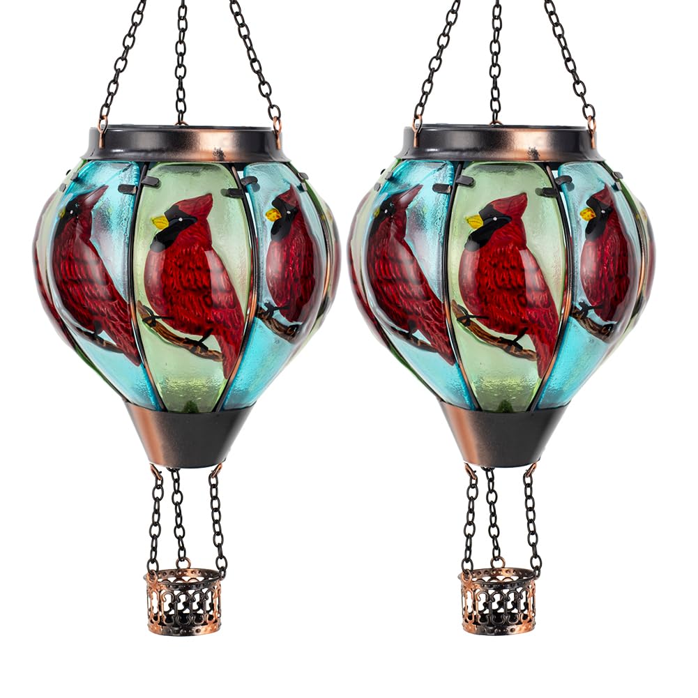 Starsoul 2 PC Cardinal Hot Air Balloon Solar Lantern with Flame Glass Outdoor Hanging Hot Air Balloon Solar Light Waterproof Gar