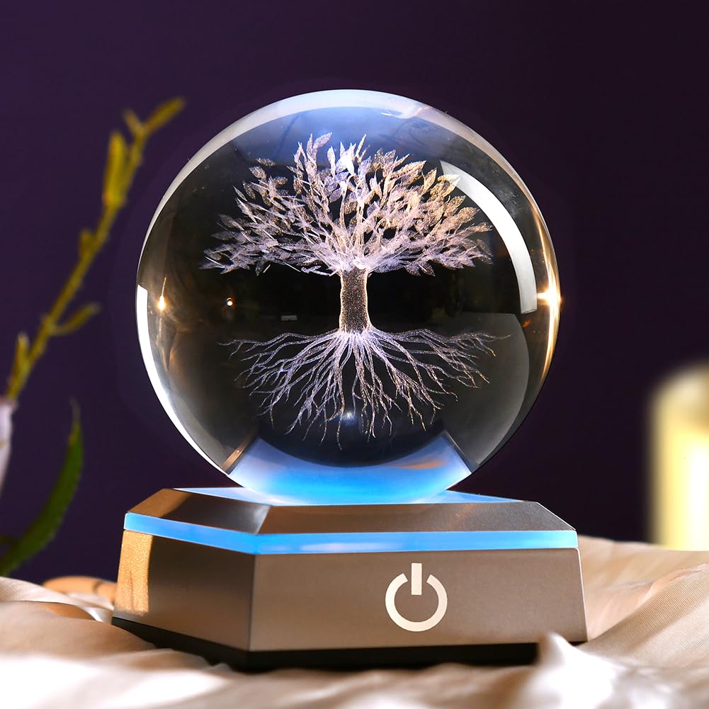 ZRENJHUS 80mm 3D Tree of Life Crystal Ball with Colorful Light Touch Base Life Tree Night Light Flower of Life Decor Healing Bal