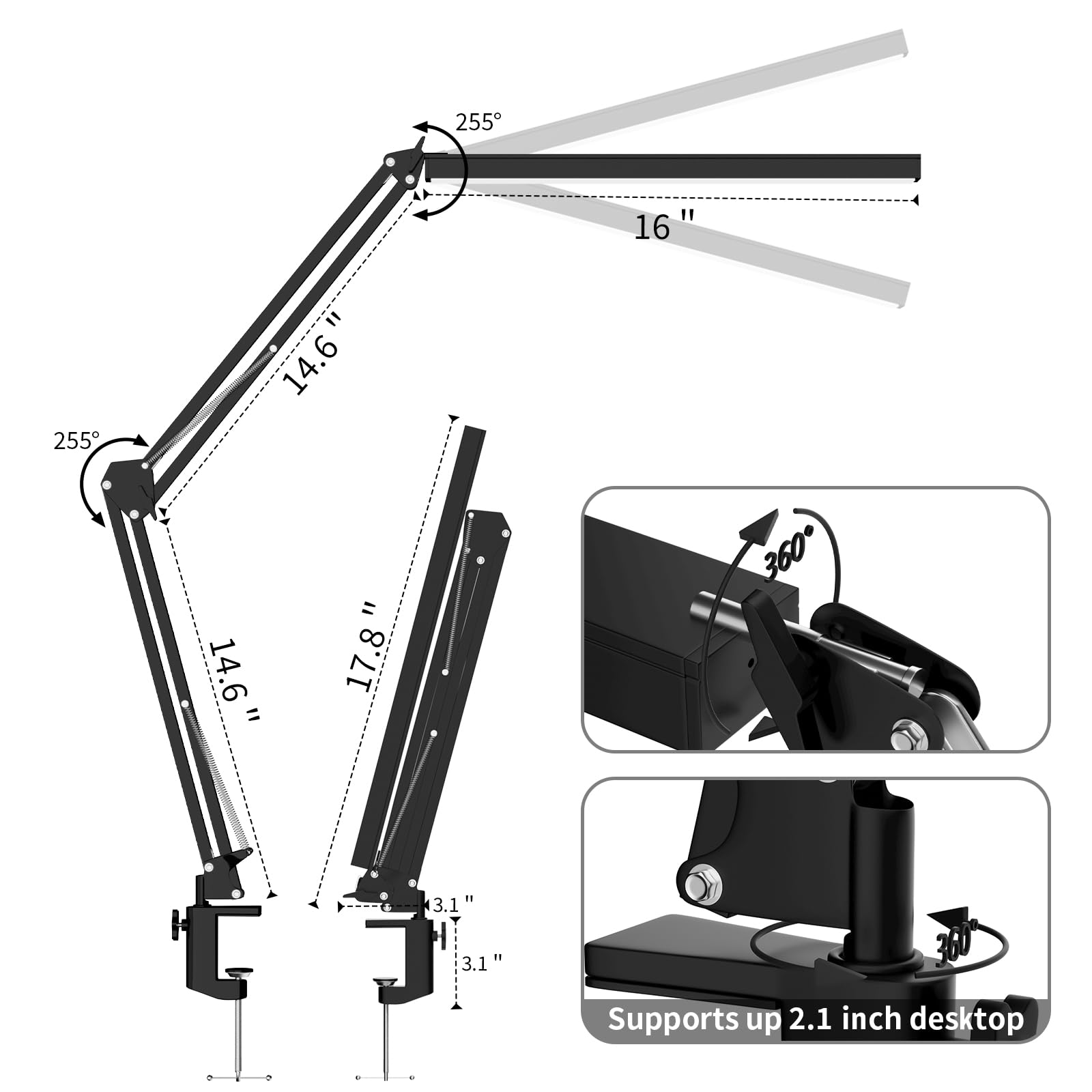 BZBRLZ LED Desk Lamp, Dimmable with 3 Color Modes, 10 Brightness Levels, Metal, Black, Model QR-01