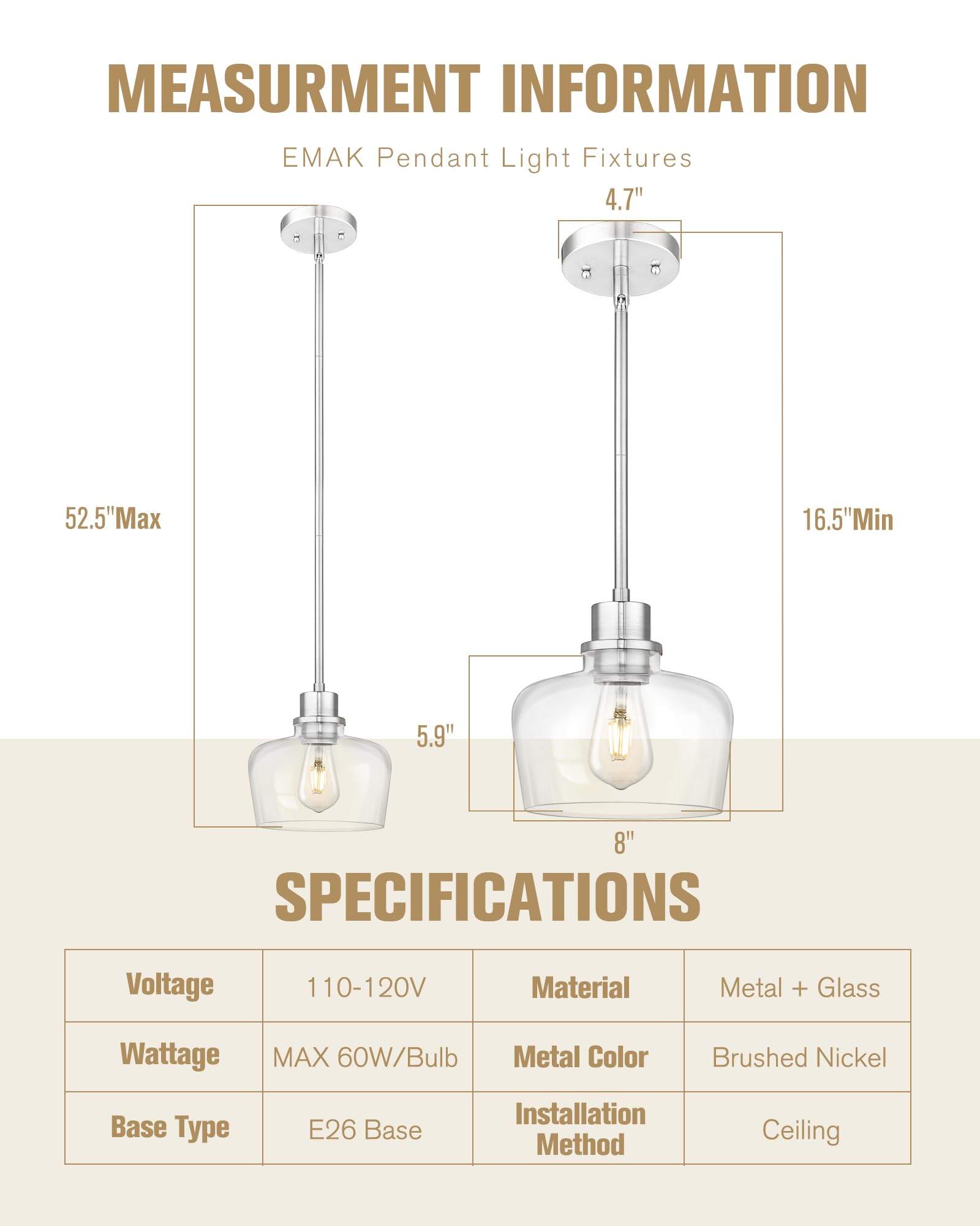 Emak Brushed Nickel Pendant Lights, Modern 8 Inch Clear Glass Pendant Light Fixtures For Kitchen, Bathroom, Bedroom, Dining Room