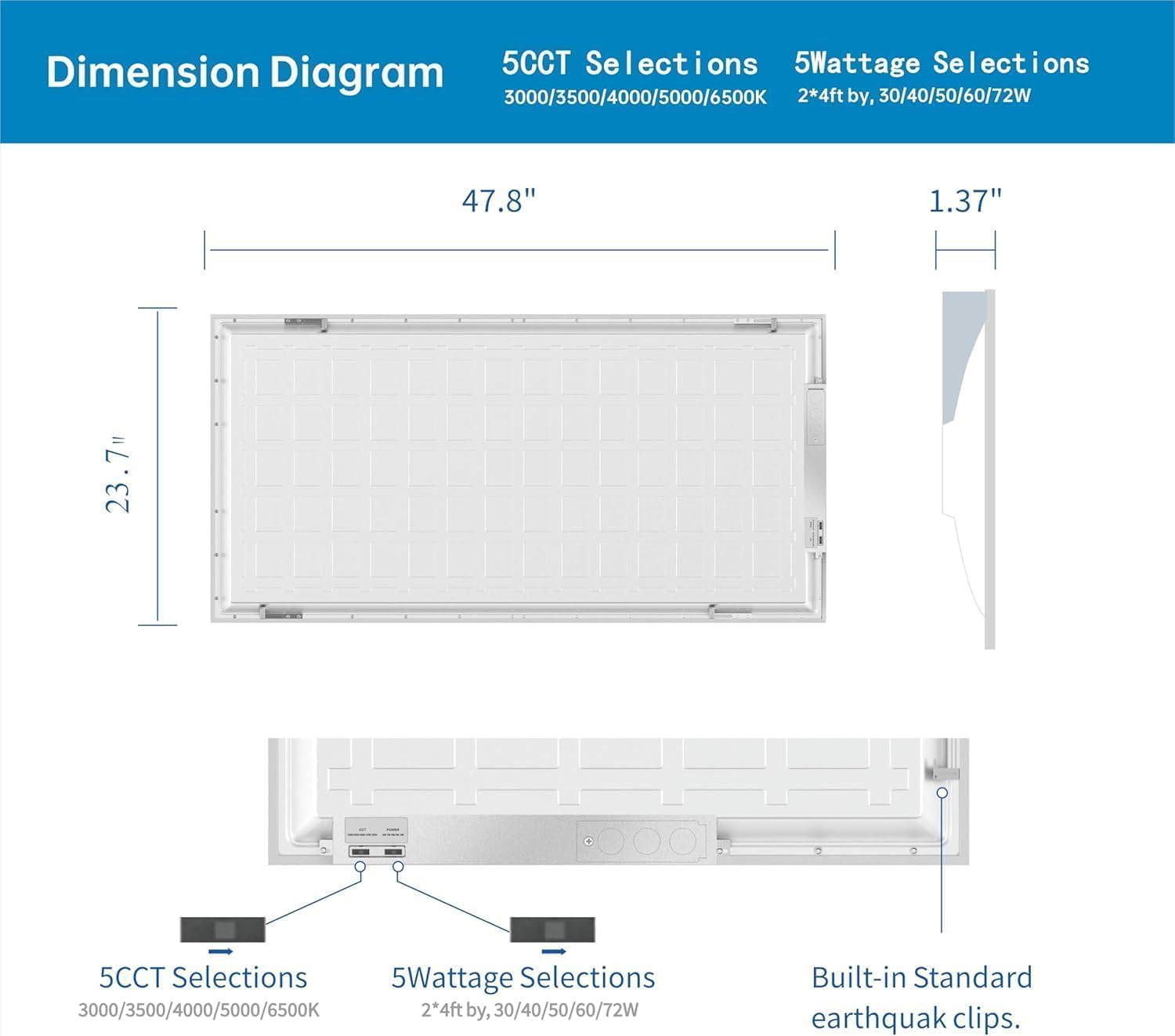 2X4 Ft Led Light Flat Panel, 5 Cct 3K | 3.5K | 4K | 5K | 6.5K, 40-72W, Dimmable Recessed Drop Ceiling Lights, 3750/5000/6250/750