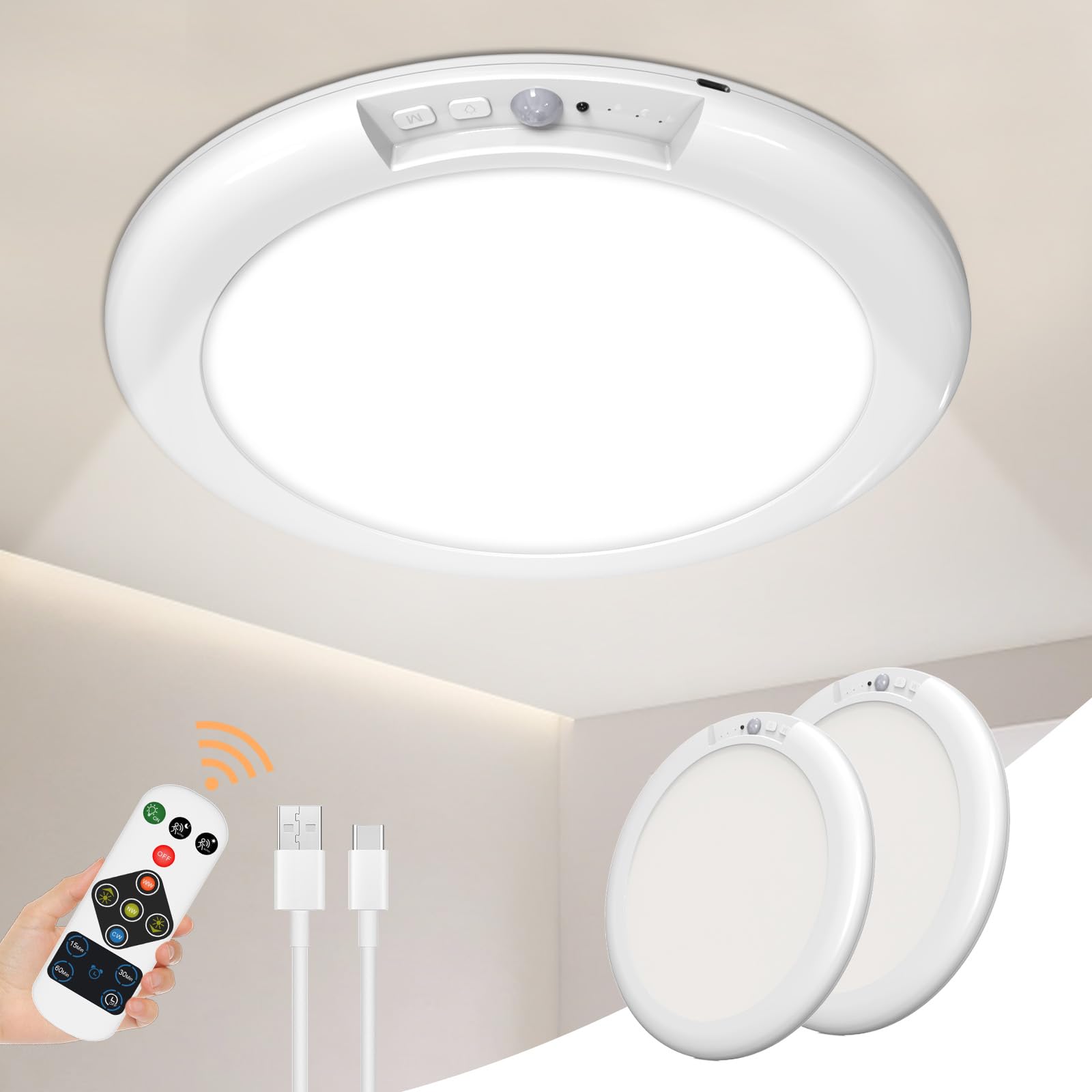 WhitePoplar Rechargeable Motion Sensor Closet Light with Remote - Magnetic Wireless Ceiling Lights Battery Operated, 400LM Motio