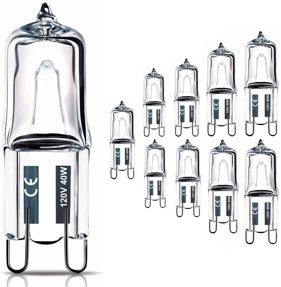 Vinaco G9 Halogen Bulbs 40W 120V, 10 Pack, Dimmable, 520LM, 2800K Warm White, Clear Glass, T4 JD Type