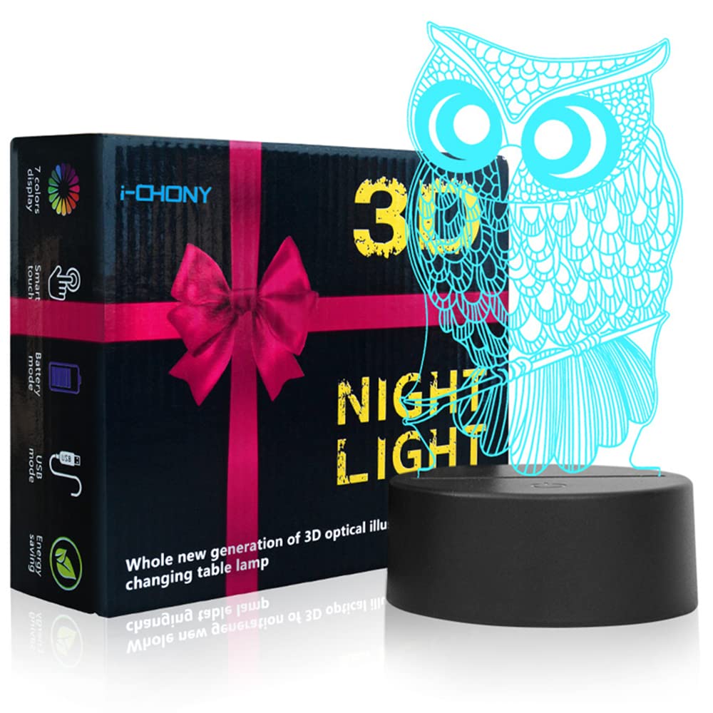 I-Chony Owl 3D Illusion Lamp - 7 Color Touch Table Night Light For Kids, Acrylic, Model Ch-26653, Perfect Gift For Boys And Girls