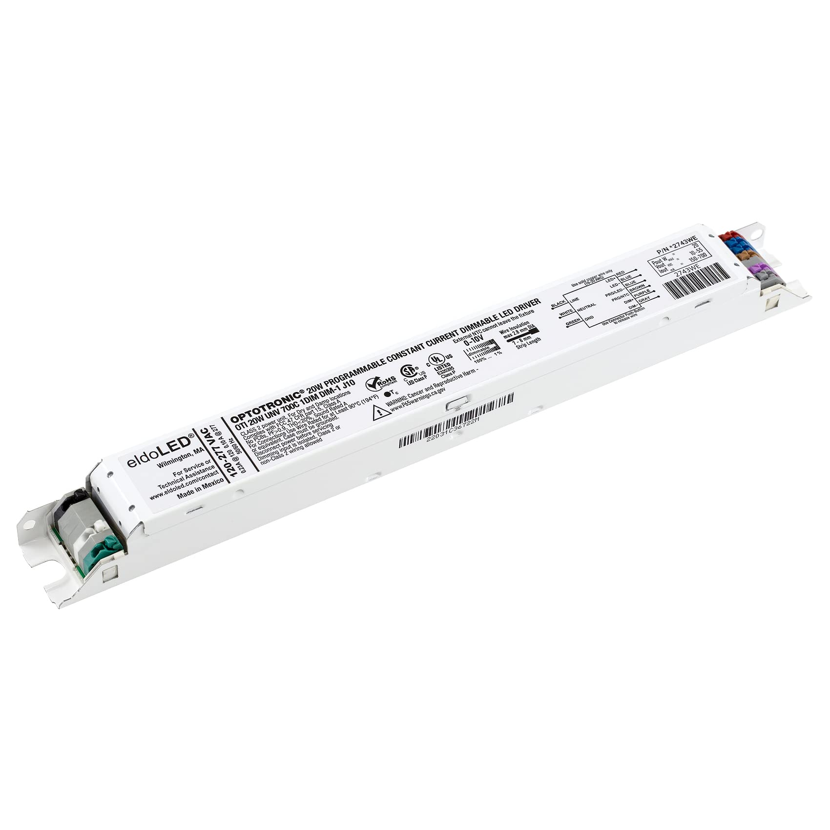 Eldoled Pack Of 10 2743We Optotronic 20W Constant Current 0-10V Dimmable Led Driver, Programmable Linear Oti20/120-277/700Dim-1L