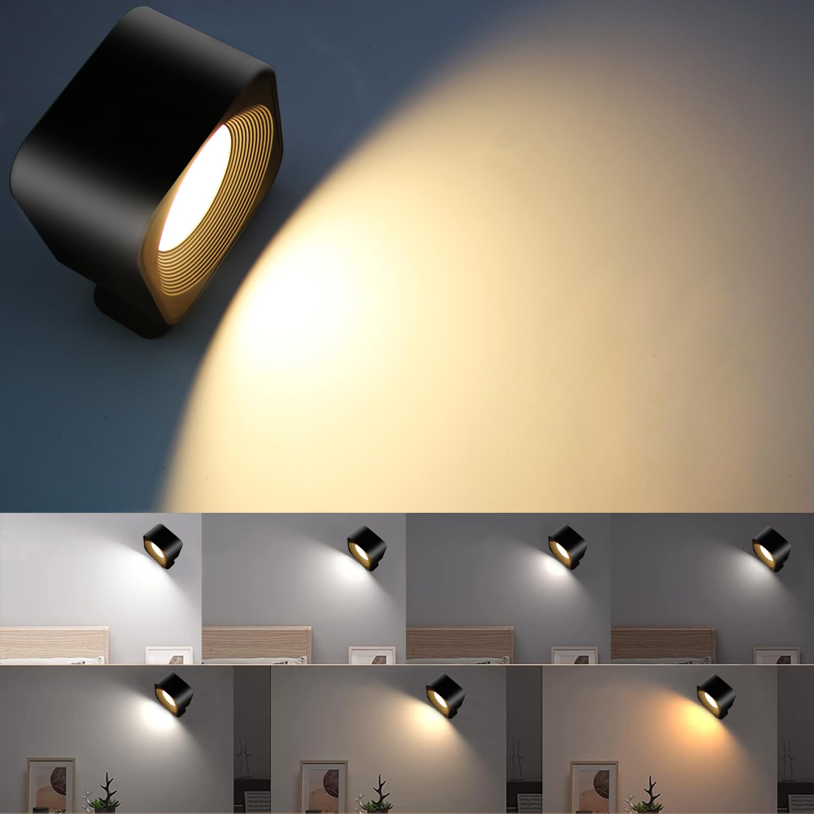 GLPE LED Lights for Bedroom Battery Operated, Touch Control Cordless Small Wall Lamp, 3 Color Temperatures & 3 Brightness, 360 R