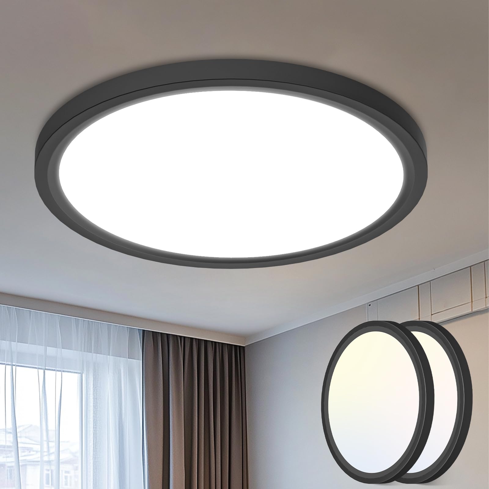 libtit 16 Inch Flush Mount LED Ceiling Light Fixture, 3000K/4000K/6500K, Black, 36W 3600lm, 2 Pack, Model CLS