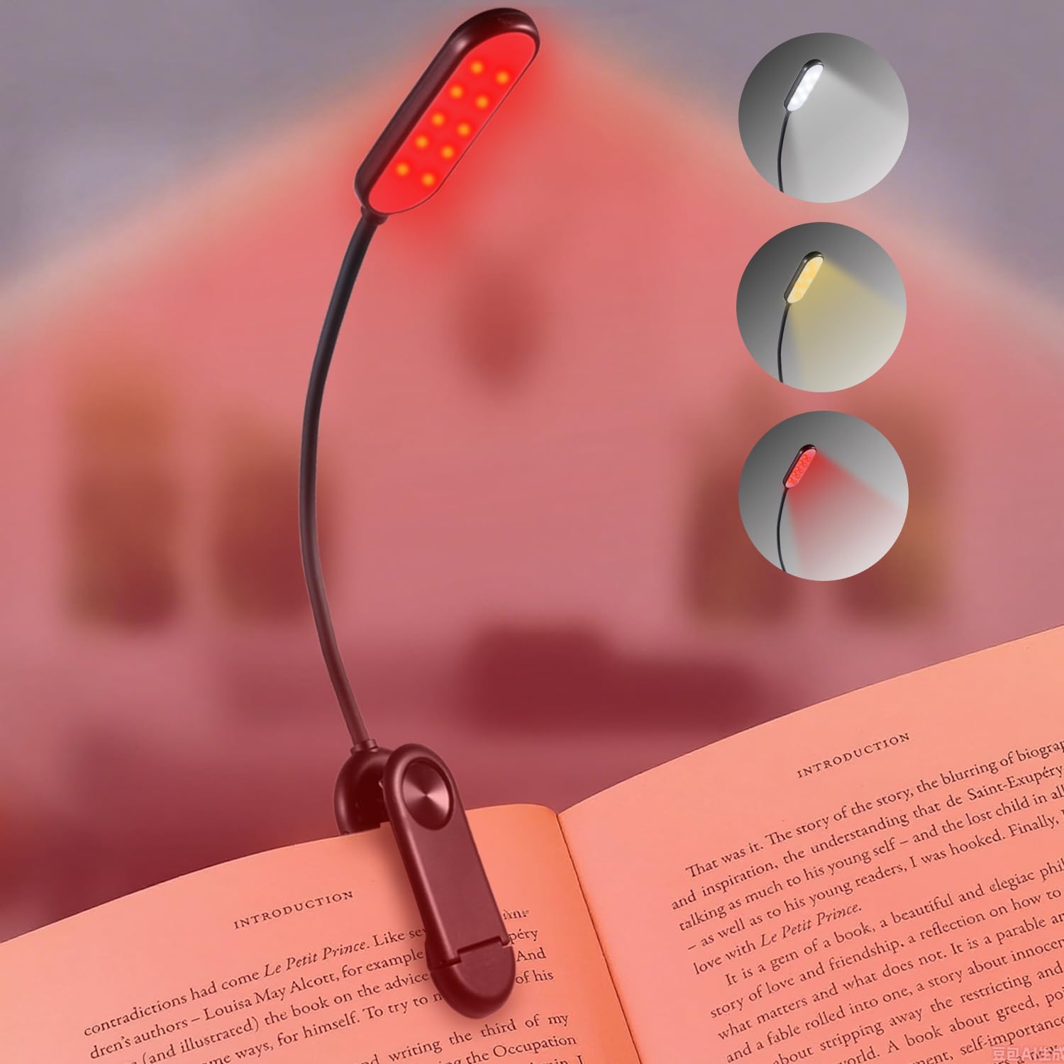 Finezeal 625Nm Red Book Light - Rechargeable Clip On Red Reading Light Therapy For Sleep - No Blue-Light  Poratble Led Book Lamp  Gift For Kids Students Travel Nursing Studying - 3 Adjustable Modes