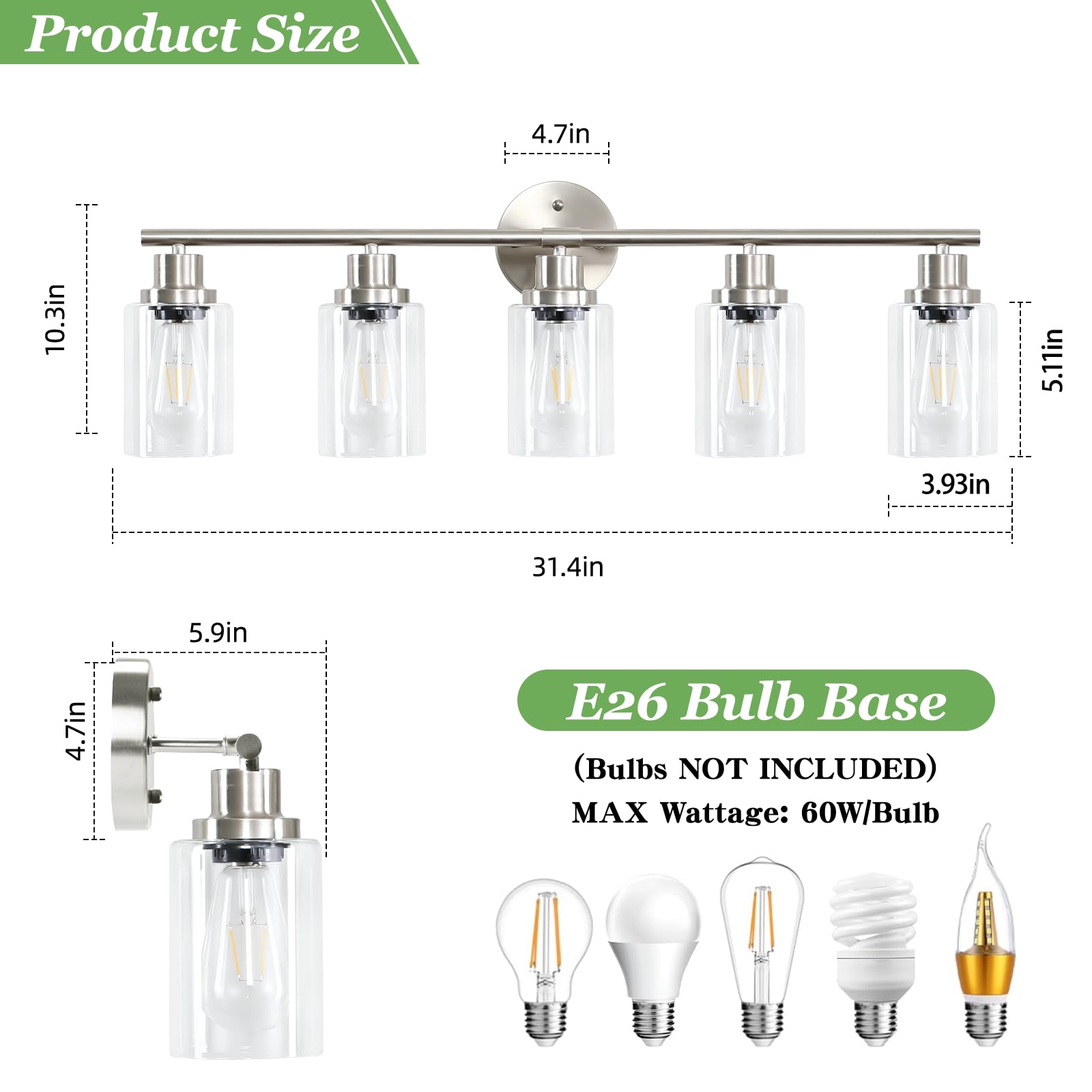 Guliaofo 5-Light Brushed Nickel Bathroom Vanity Light Fixtures with Clear Glass Shade, Modern Wall Sconces for Home Decor