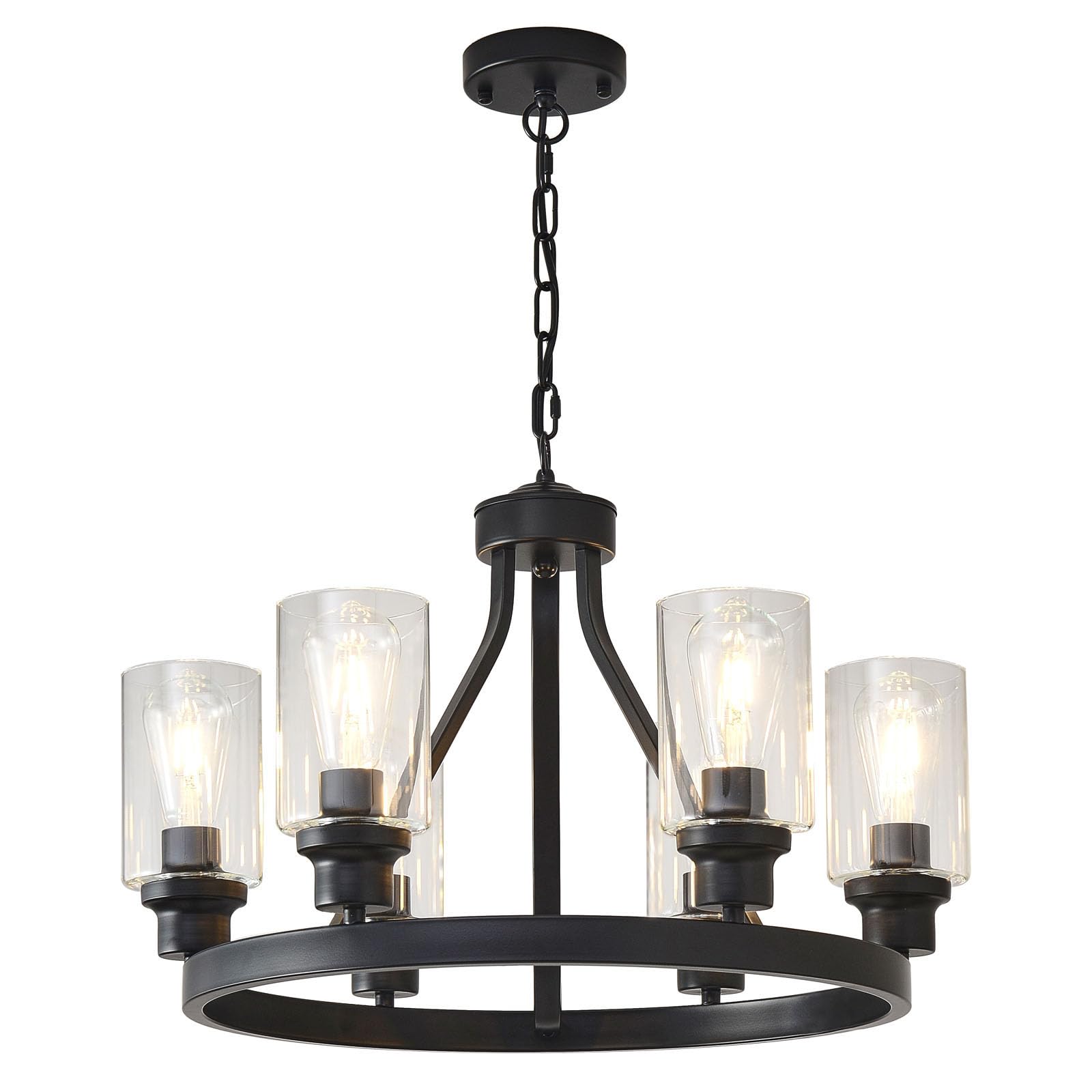 Loftplus Farmhouse Chandelier 6-Light Black Dining Room Light Fixture With Glass Shade Ceiling Hanging Wagon Wheel Chandeliers F