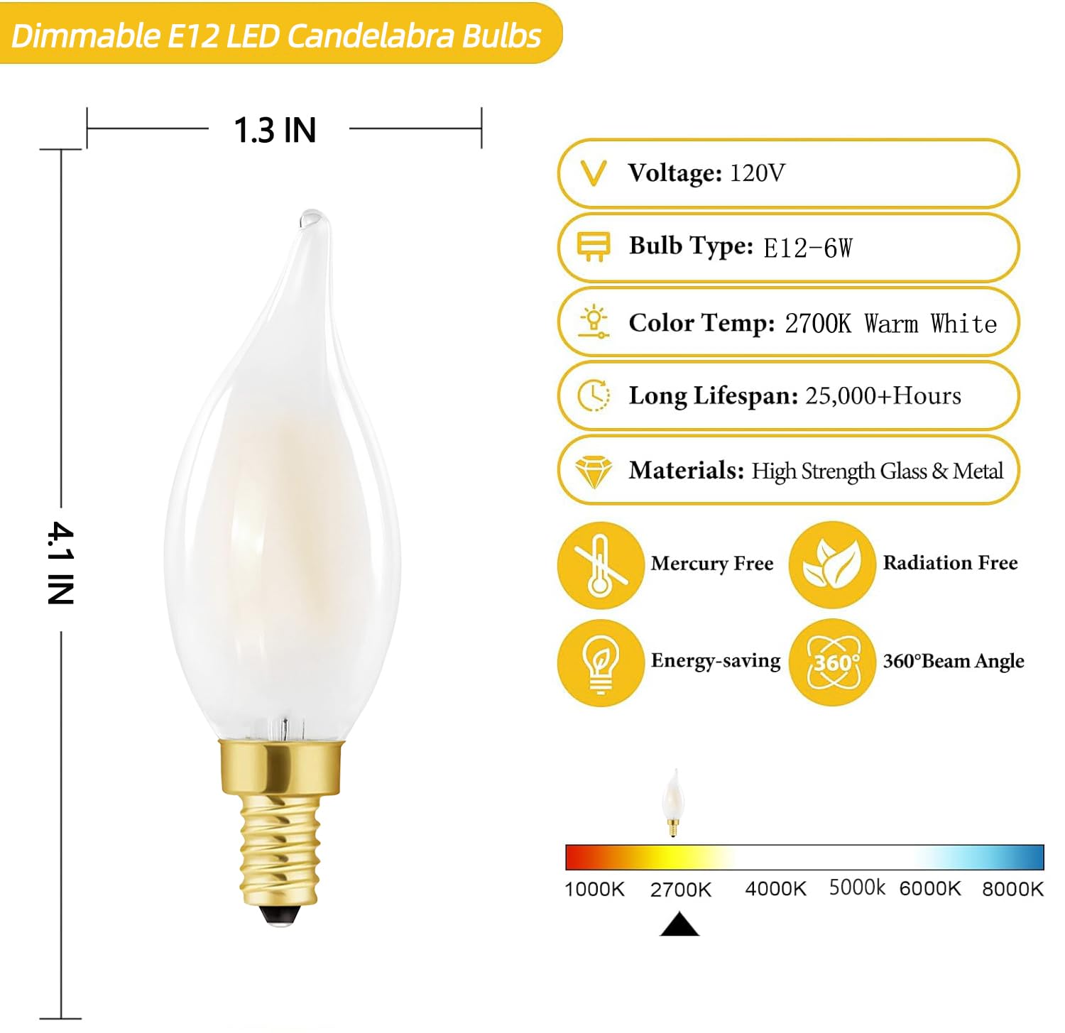 HOMOSUM E12 Candelabra LED Bulbs, 6W (60W Equivalent), Dimmable, Frosted, Warm White 2700K, Glass, 6 Pack