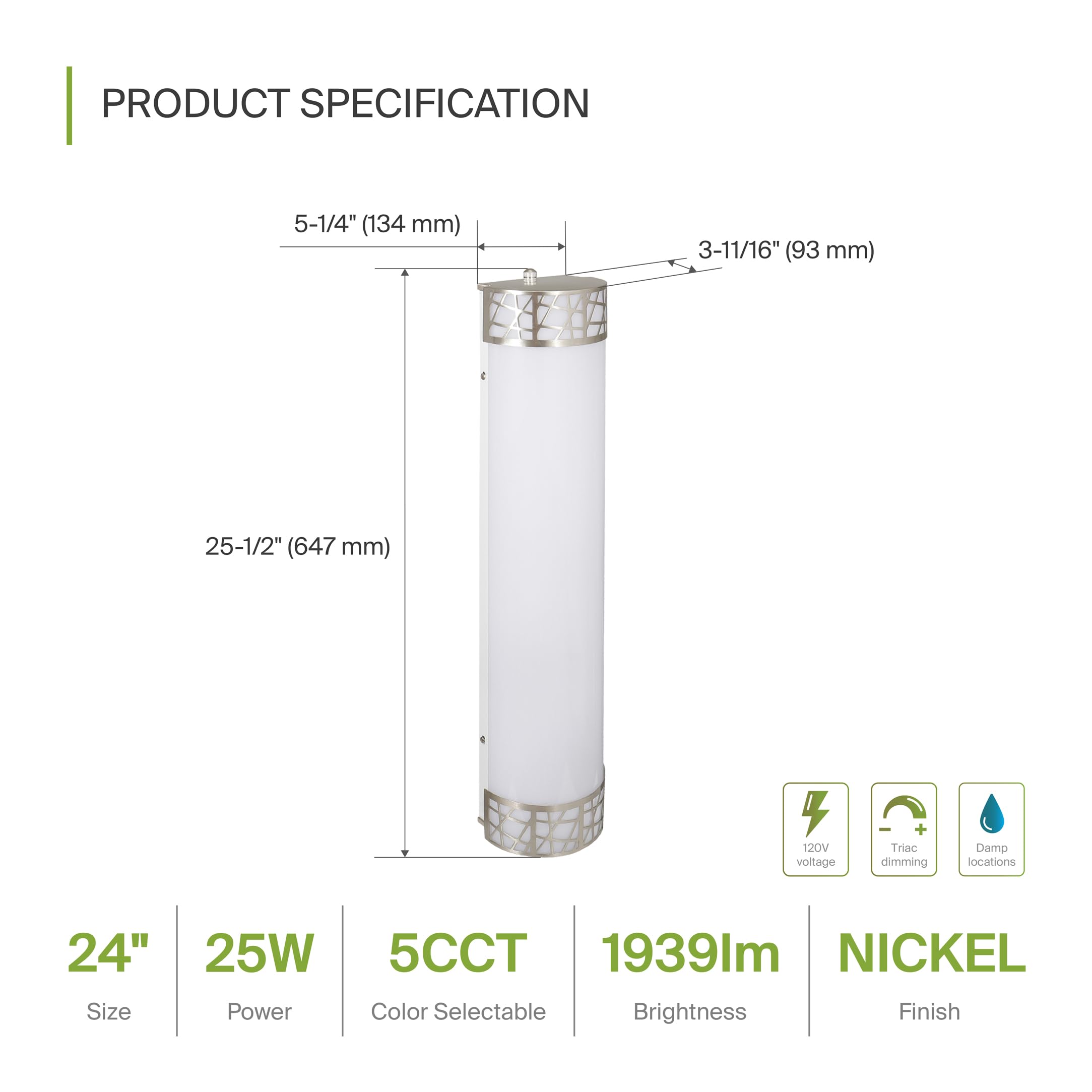 ASD 24 Inch LED Bathroom Vanity Light - Dimmable 25W, 2700K-5000K, Brushed Nickel, 4 Pack, Model A-LOFT-VF