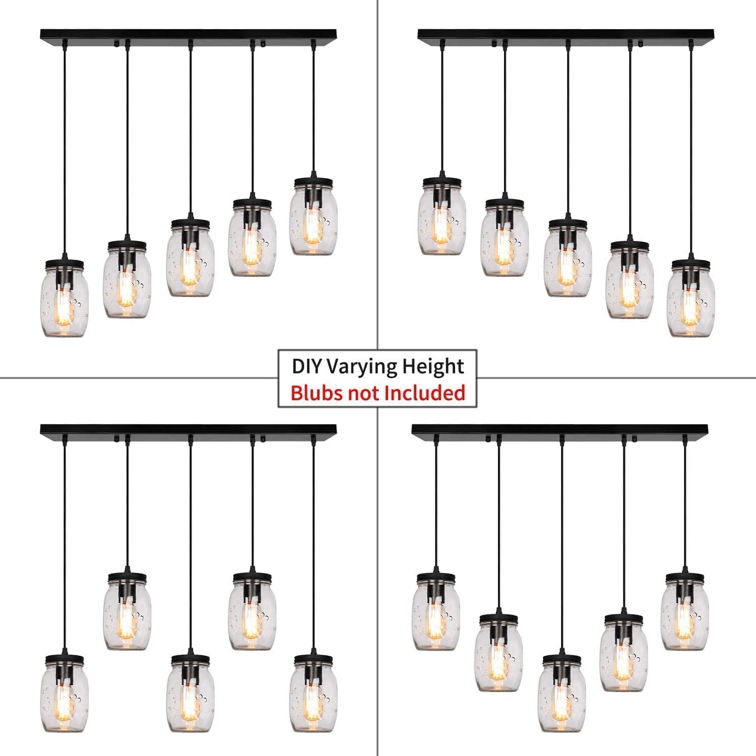 PUZHI HOME 5-Light Glass Mason Jar Pendant Lighting, Rustic Adjustable Height, Black, Model 31