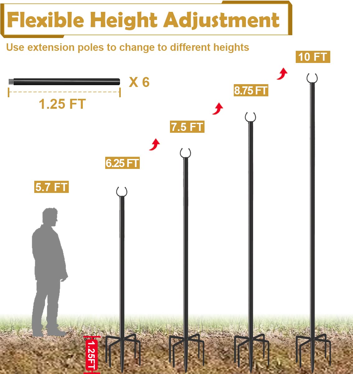 Derkniel 10 Ft Outdoor String Light Pole Stand For Garden Lawn, Adjustable Globe Patio Light Post For Hanging Outside Decorate Lighting, 2 Packs