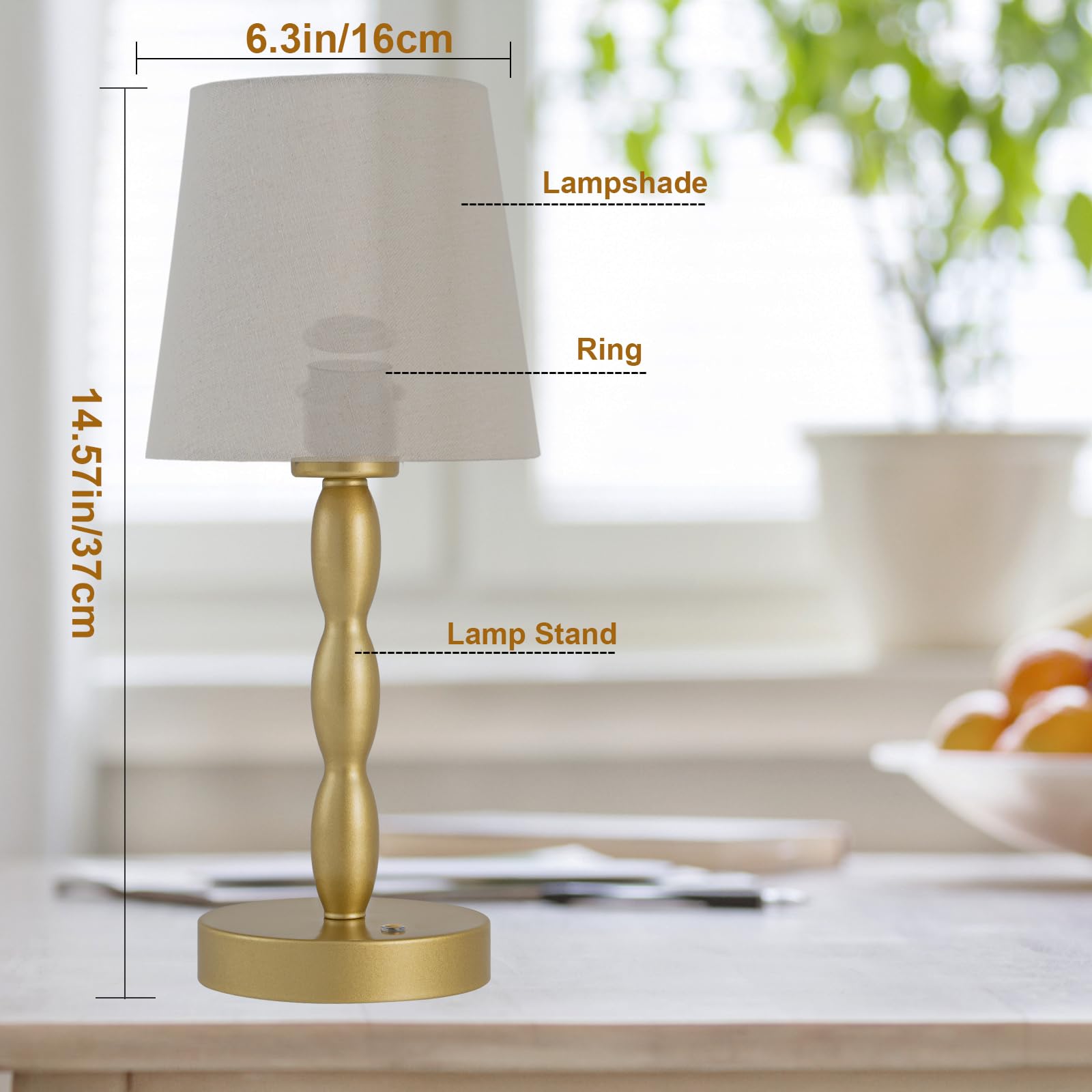 CASTLELIFE Portable Cordless Table Lamp, Rechargeable, 3-Level Brightness, Gold, Model CL8433-JS
