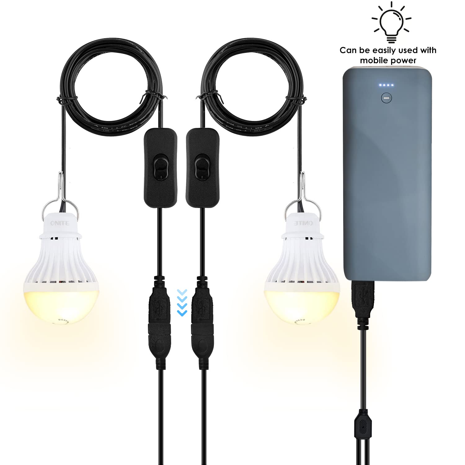 Onite 4-Pack Usb Camping Lantern, Portable Led Light Bulb W/ Y-Spliter Cable, High Brightness, Low Energy Consumption, For Power Outage, Hurricane Season, Outdoor Patio, Bbq, Hiking Lighting, Tent