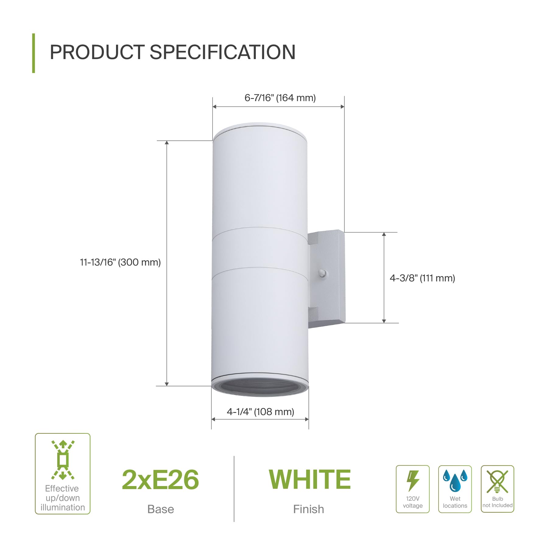Asd 2-Way Round Cylinder Wall Light Fixture | 120W E26 Socket 120V | Waterproof  Led/Cfl/Incandescent Bulbs Compatible  Etl Listed | Exterior Patio Lighting Sconce  Outdoor Porch Lamp | White  2 Pack