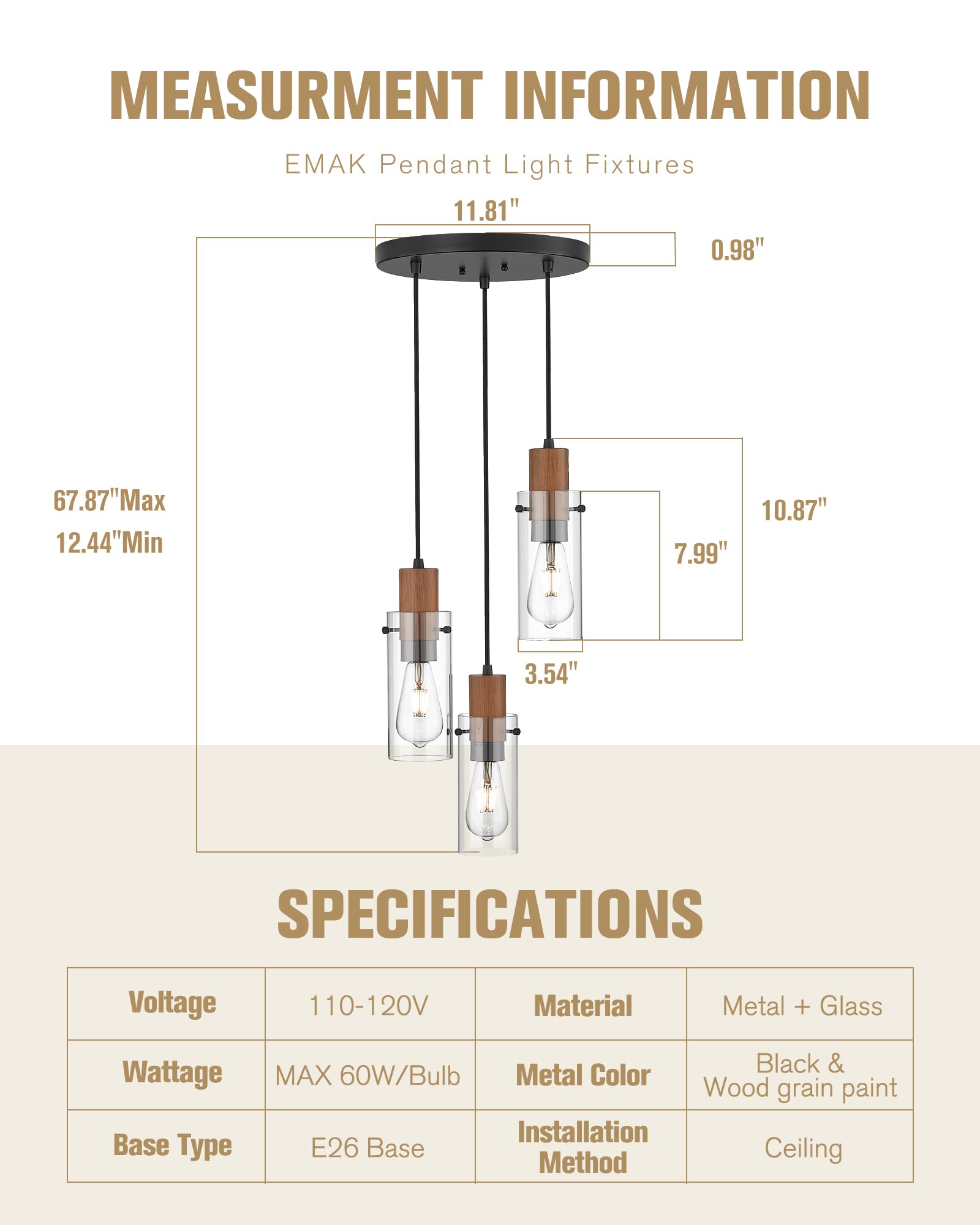 Emak 3-Light Black Pendant Light, Modern Glass Shade Fixture For Kitchen, Dining, Bathroom