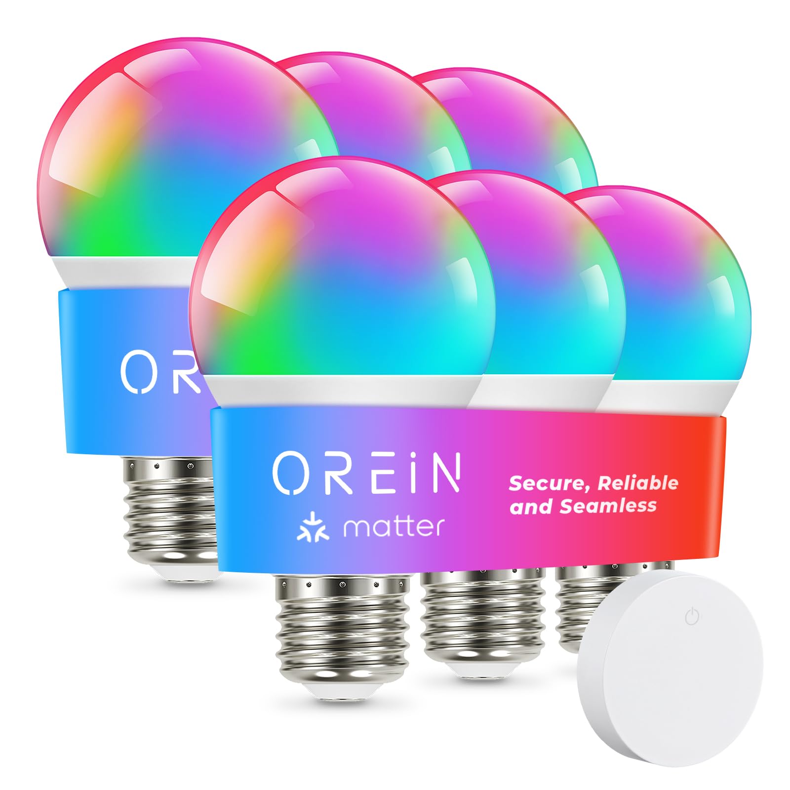OREiN Matter Smart Light Bulb, Smart Light Bulbs with Remote Control Work with Apple Home, Alexa, Google Home, SmartThings, Color Changing Light Bulbs 2.4Ghz WiFi, 800 Lumens Equivalent 60W 6Pack