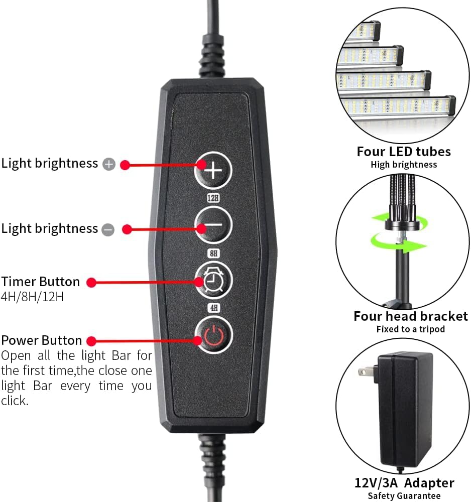 Grow Light With Stand, 200W 6000K Full Spectrum Gooseneck Floor Plant Light For Indoor Plants Growing,5 Dimmable Levels & Auto On/Off Timer, Tripod Stand Adjustable 15-48 In