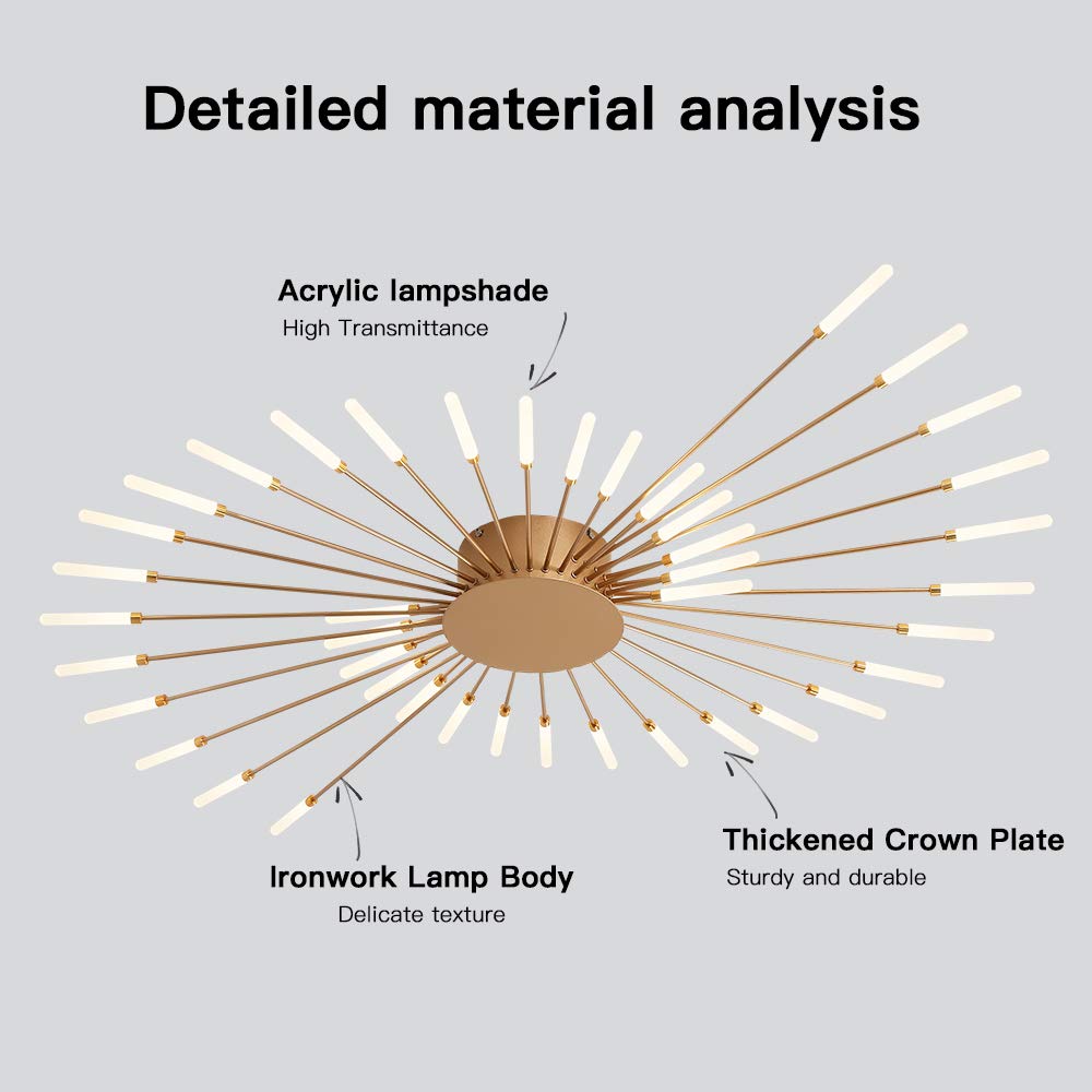 Jaymp Ceiling Light Modern Flower Shape Ceiling Lamp For Dining Room Kitchen Hallway Flush Mount Metal Acrylic Sputnik Firework Petal Led Lighting Fixture (Matte Gold, 28 Lights)