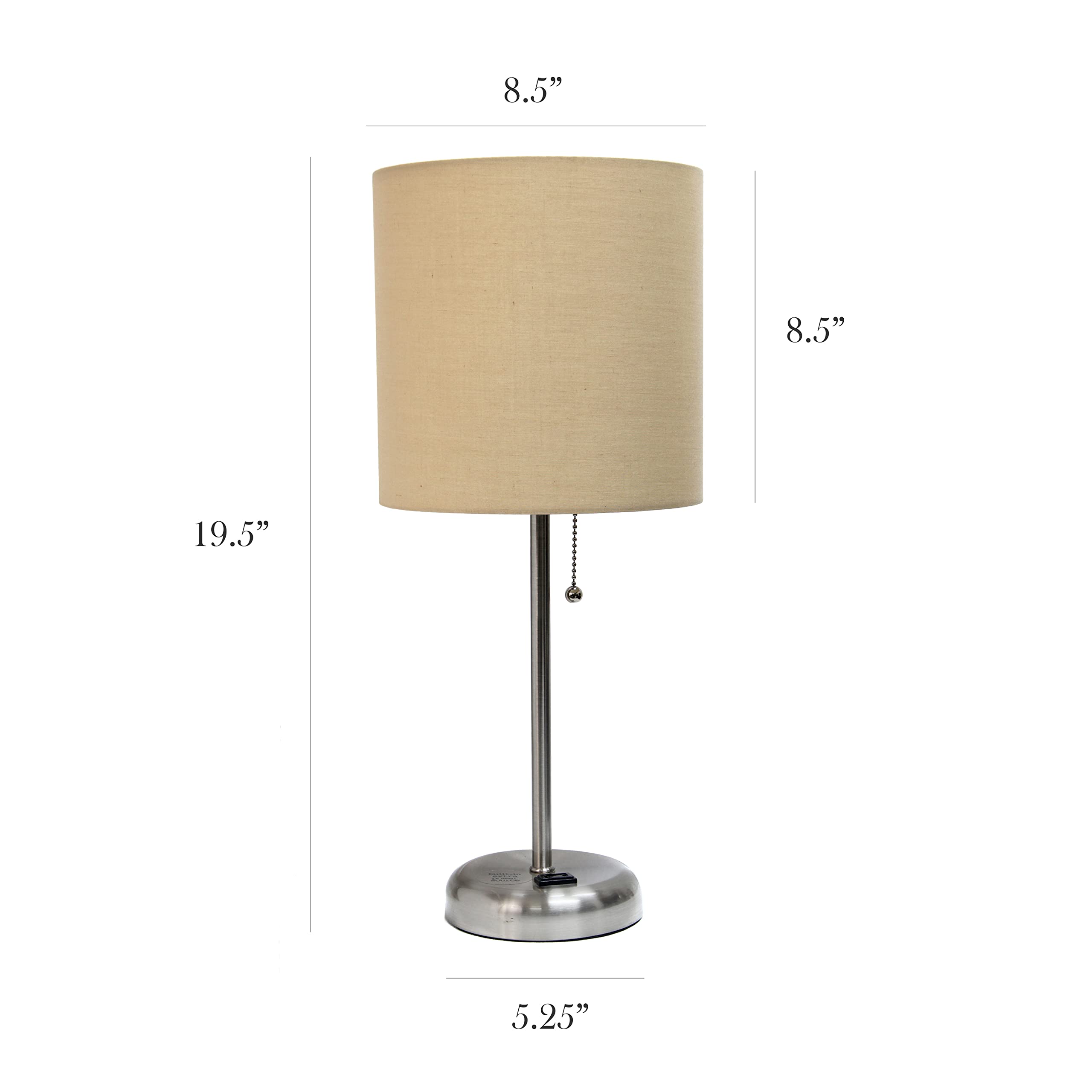 Simple Designs Lt2024-Tan Brushed Steel Stick Table Desk Lamp With Charging Outlet And Drum Fabric Shade, Tan