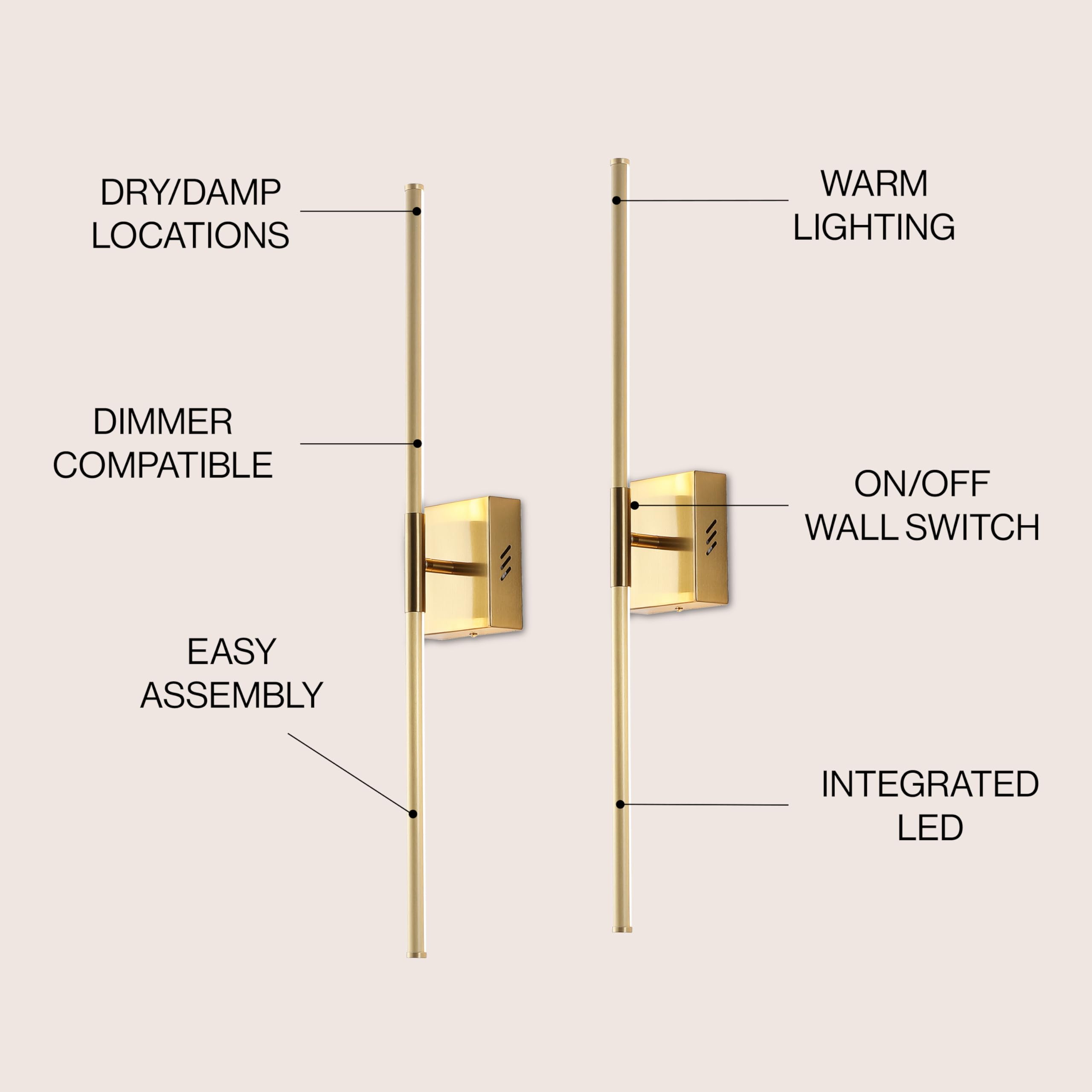 Jonathan Y Jyl7022B-Set2 Makena 28'' Modern Minimalist Dimmable Integrated Led Metal Wall Sconce, Gold (Set Of 2) For Bedroom, L
