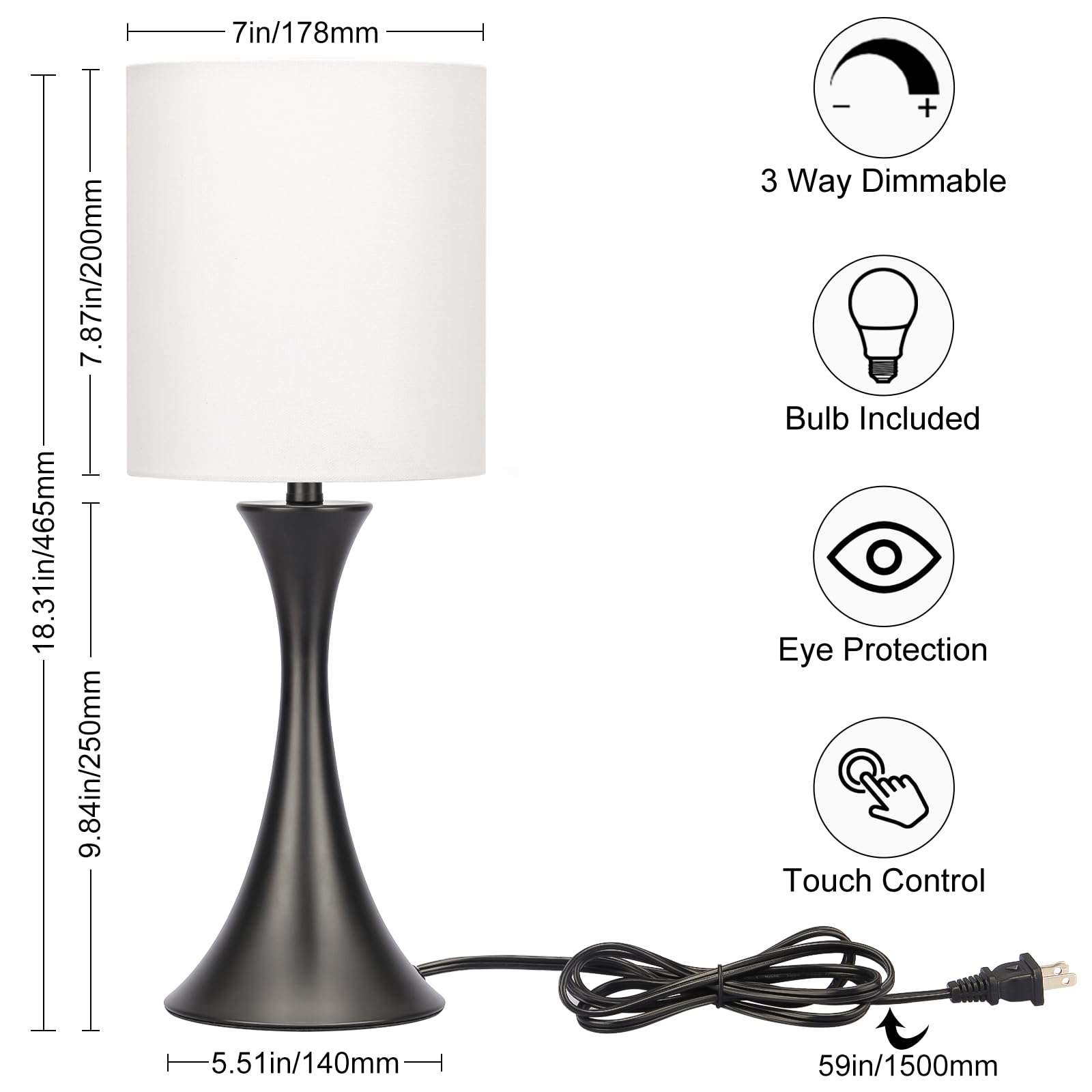 3 Way Touch Control Table Lamp, Modern Bedside Lamp For Bedroom, Dimmable Black Nightstand Lamp White Shade Desk Reading Light F