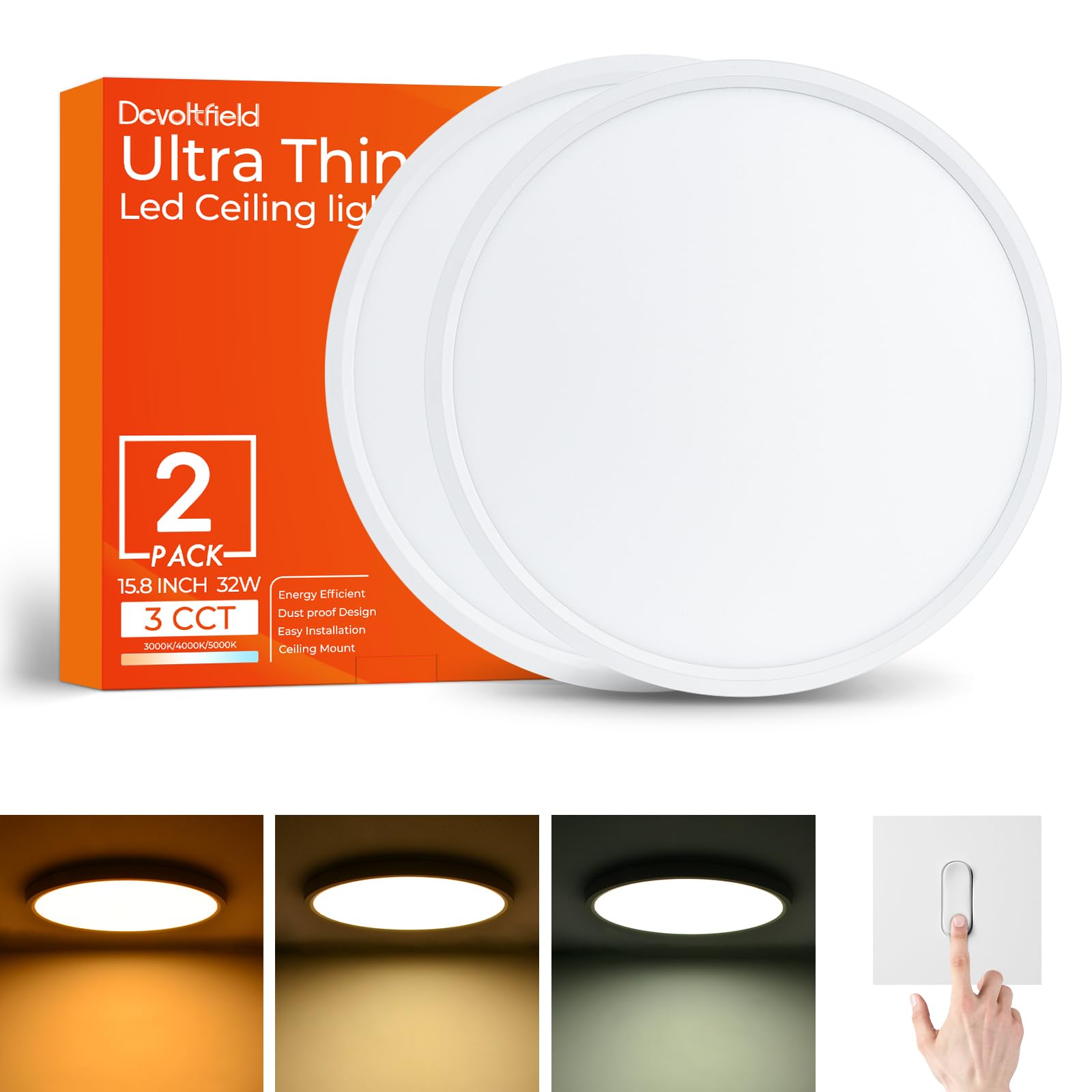 2Pack 15.8Inch LED Flush Mount Ceiling Light Fixture 32W 3200LM  Dimmable CCT 3000K/4000K/5000K Round Flat Panel Light for Bedroom 0.7Inch Thin Modern Low Profile Ceiling Lights for Hallway Kitchen