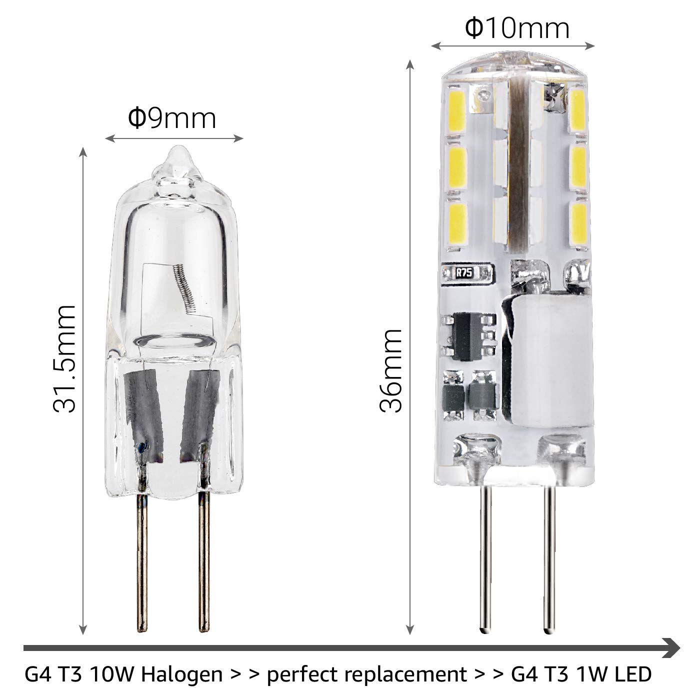 JAUHOFOGEI G4 LED Bulb 12V Bi-pin Base 10W Replacement Halogen JC Bulb Daylight White 6000K - 10 Pack