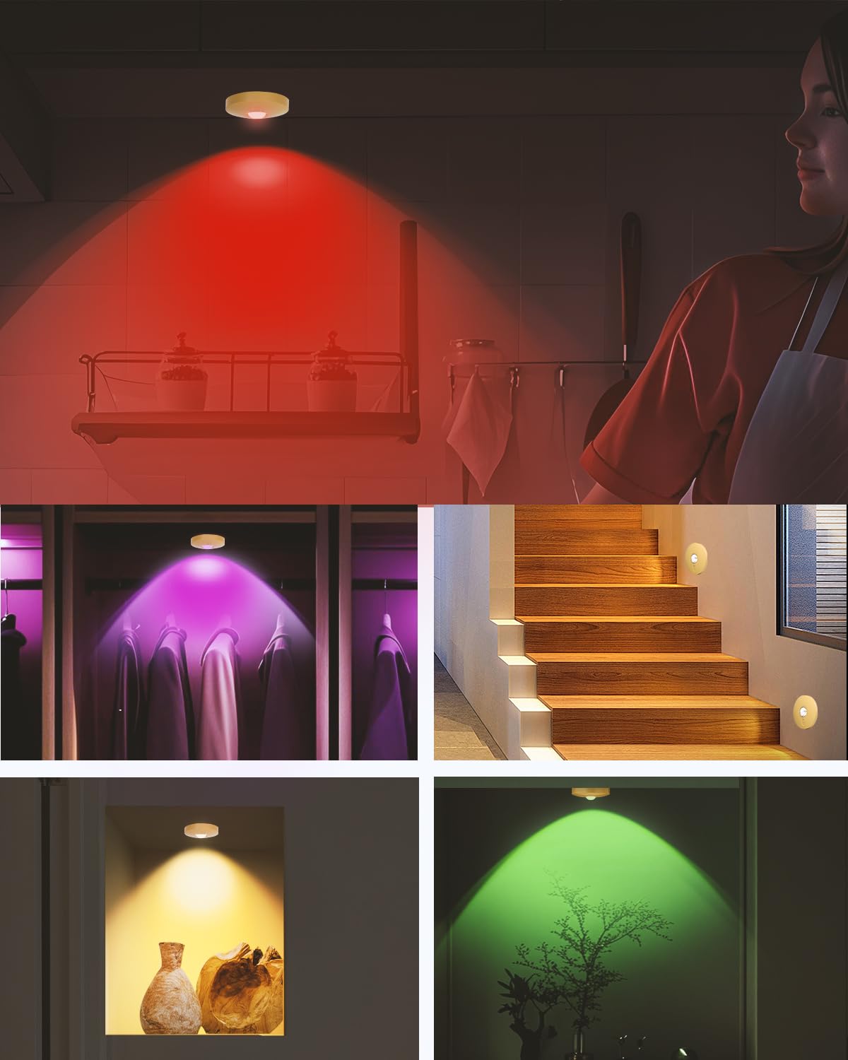 Aokpsrt Rechargeable RGB Puck Lights, Remote Control, Dimmable, 6 Packs, Gold, Battery Operated, Plastic