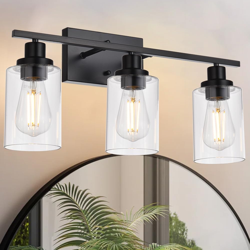 Melucee Bathroom Vanity Light Fixtures 24 Inches Length 3 Lights Wall Sconce Black With Clear Glass Shade For Bedroom Living Roo